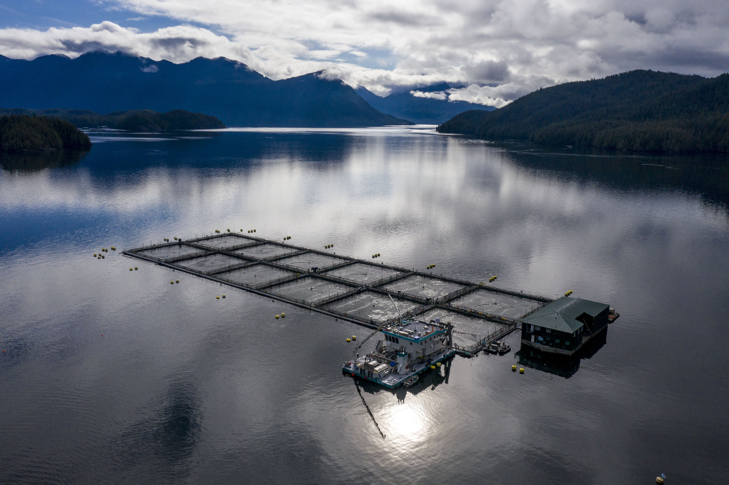  A Cermaq fish farm in Ahousaht First Nation's tradtional territory at Saranac Island in Clayoqout Sound. The boat docked by the farm is set up to pressure wash sea lice off of the Atlantic salmon in the farm. 
