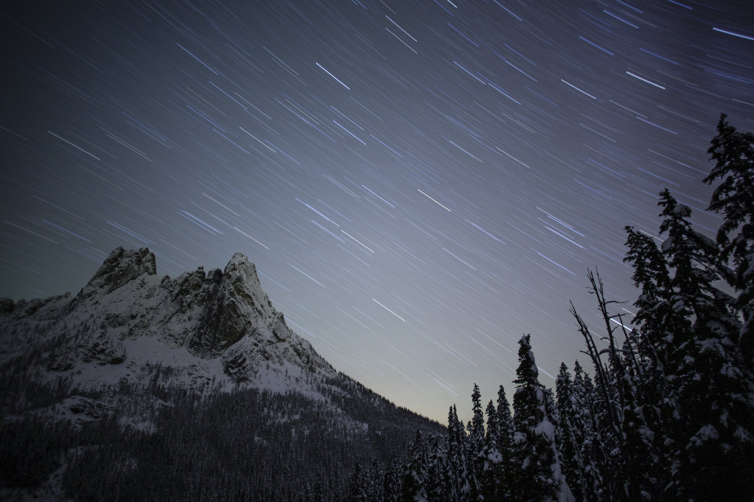  Star trails above Liberty Bell Mountain in the North Cascades of Washington. 