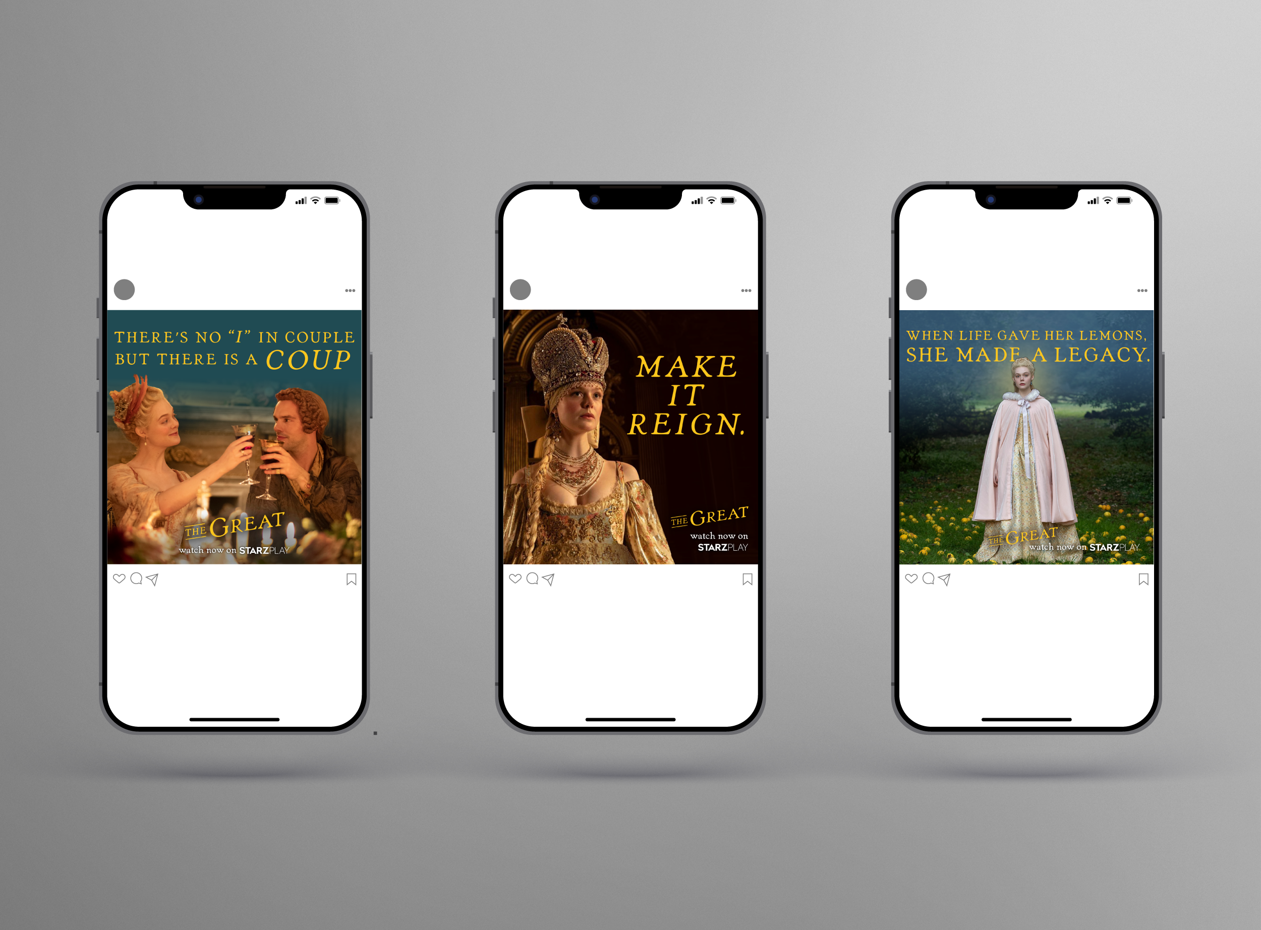 Paid social ads created for STARZ streaming. I aimed to convey the witty tone and dramatic stakes of the series by combining sharp copywriting, visual hierarchy, and cinematic stills. The layouts included a call-to-action to drive engagement.