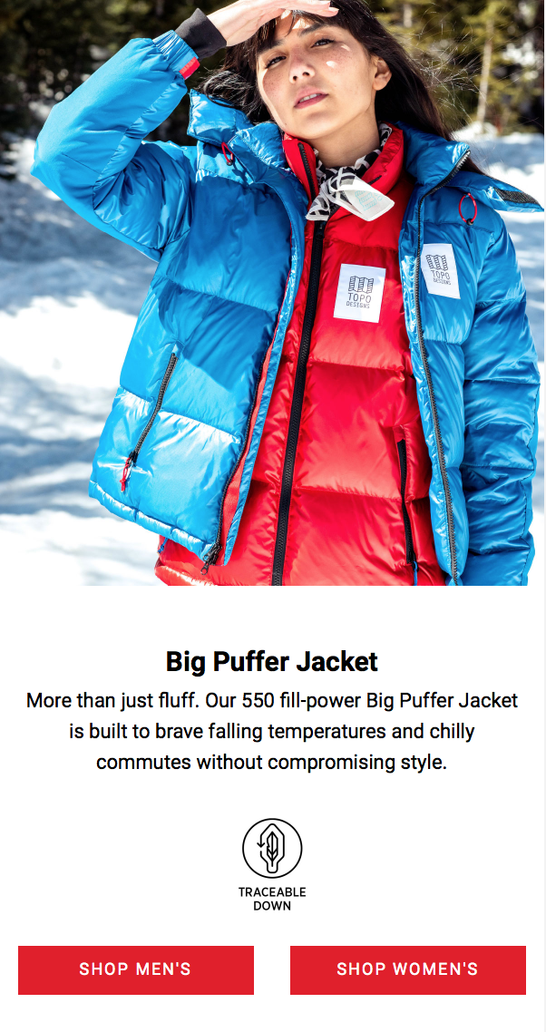 Image from newsletter #2, highlighting the street-friendly 550 fill Big Puffer Jacket.