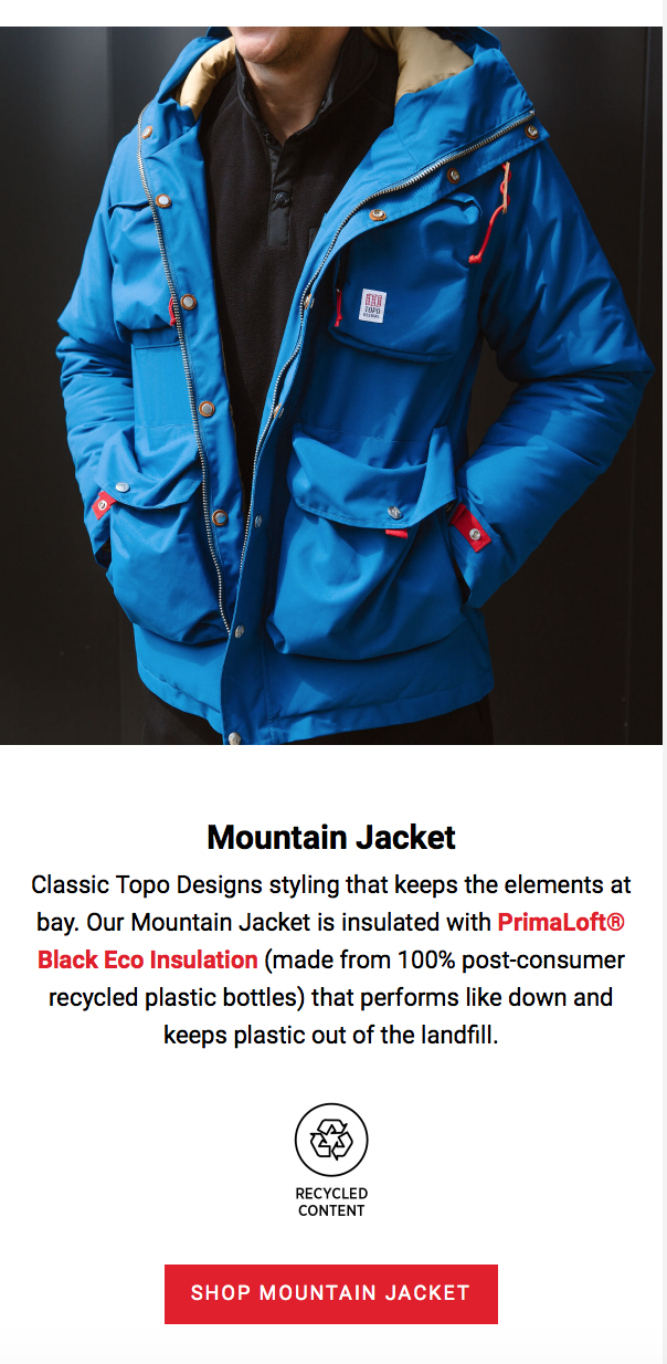 Image from newsletter #2, placing emphasis on both the weather-readiness of the Mountain Jacket and the sustainable fill.