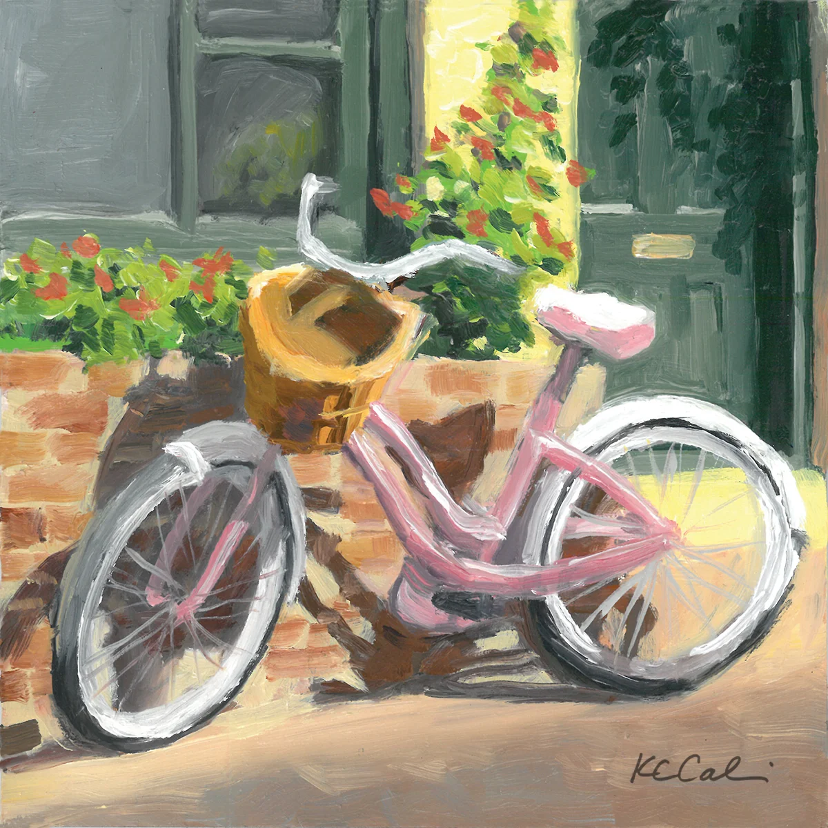 Pink Bike on Aviles Street | 6” x 6” | Oil on panel | AVAILABLE | Contact me: kc@kccaliartist.com