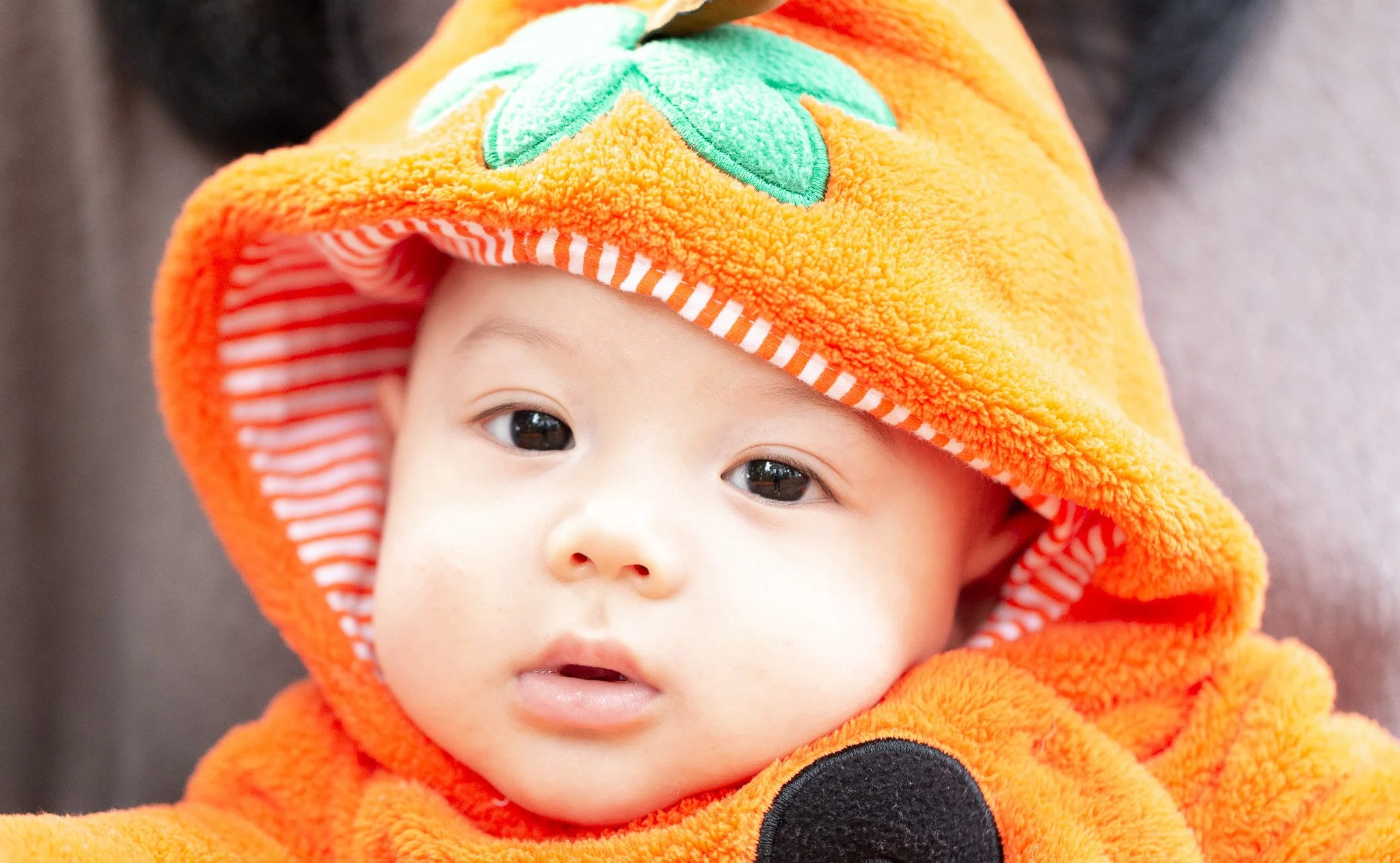 Close-Up Baby Portrait in Pumpkin Costume–Fall Mini Session