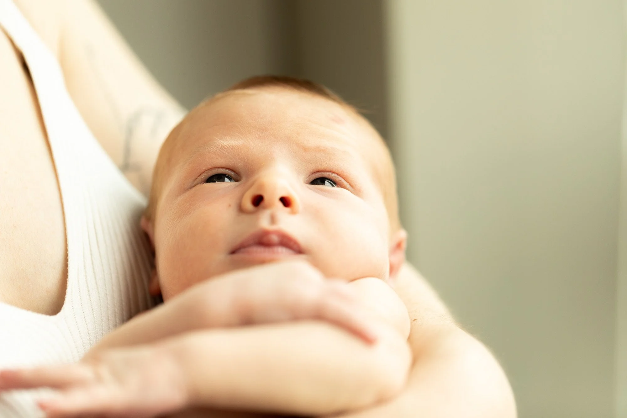 Close-up of a baby with light skin and brown hair lying on someone's arms, looking upwards with a calm expression.
