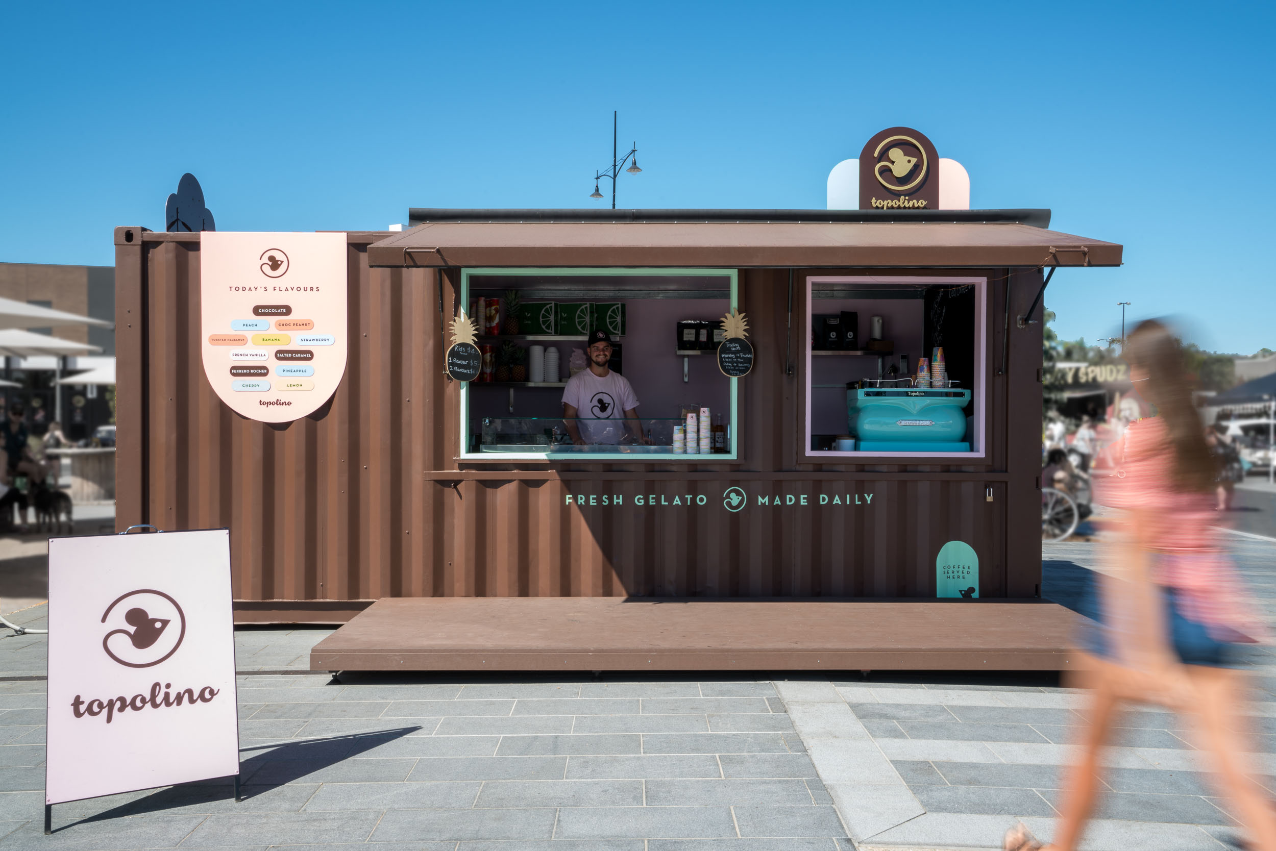  Photography for contemporary shipping-container gelateria, Topolino, located in Wodonga’s Junction Place.  