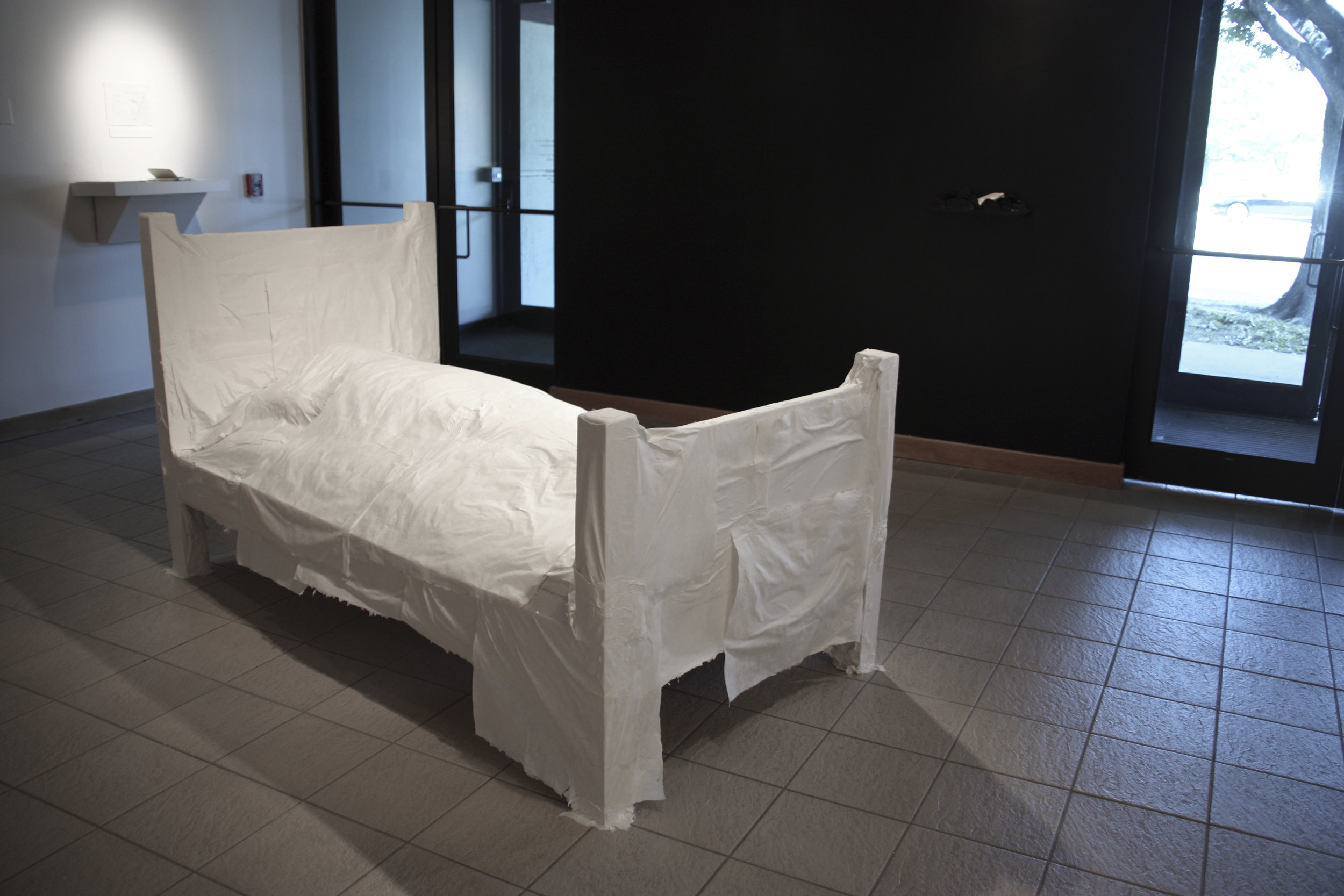    cozy  , 2013 installation view  handmade paper (abaca), cedar, polyester 48 x 83 x 44”  Irving Arts Center 