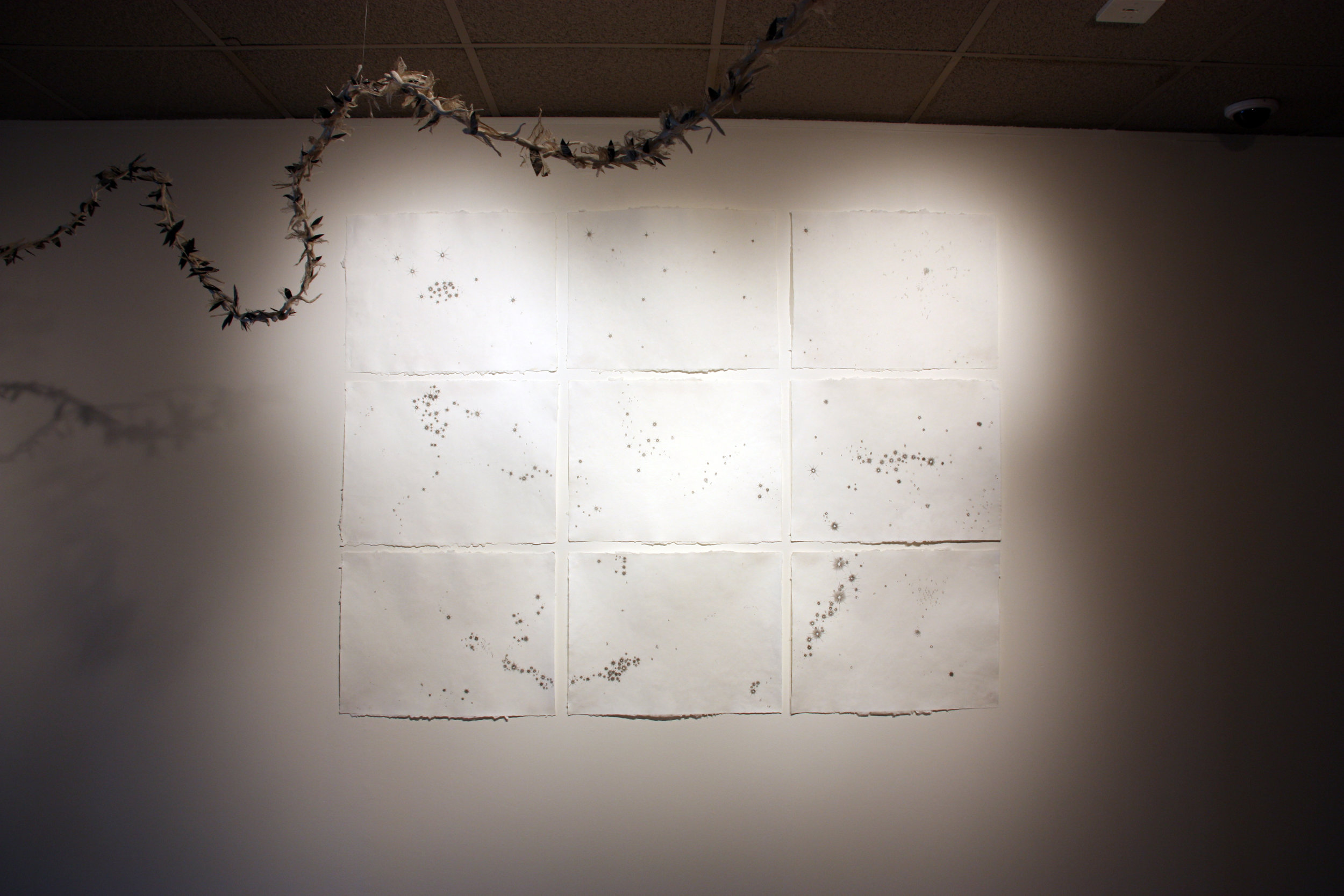    unknown  , 2013 +   they keep me  , 2013 nine-panel drawing; exhibition view  handmade paper (bamboo), sumi 56 x 74”  Irving Arts Center 