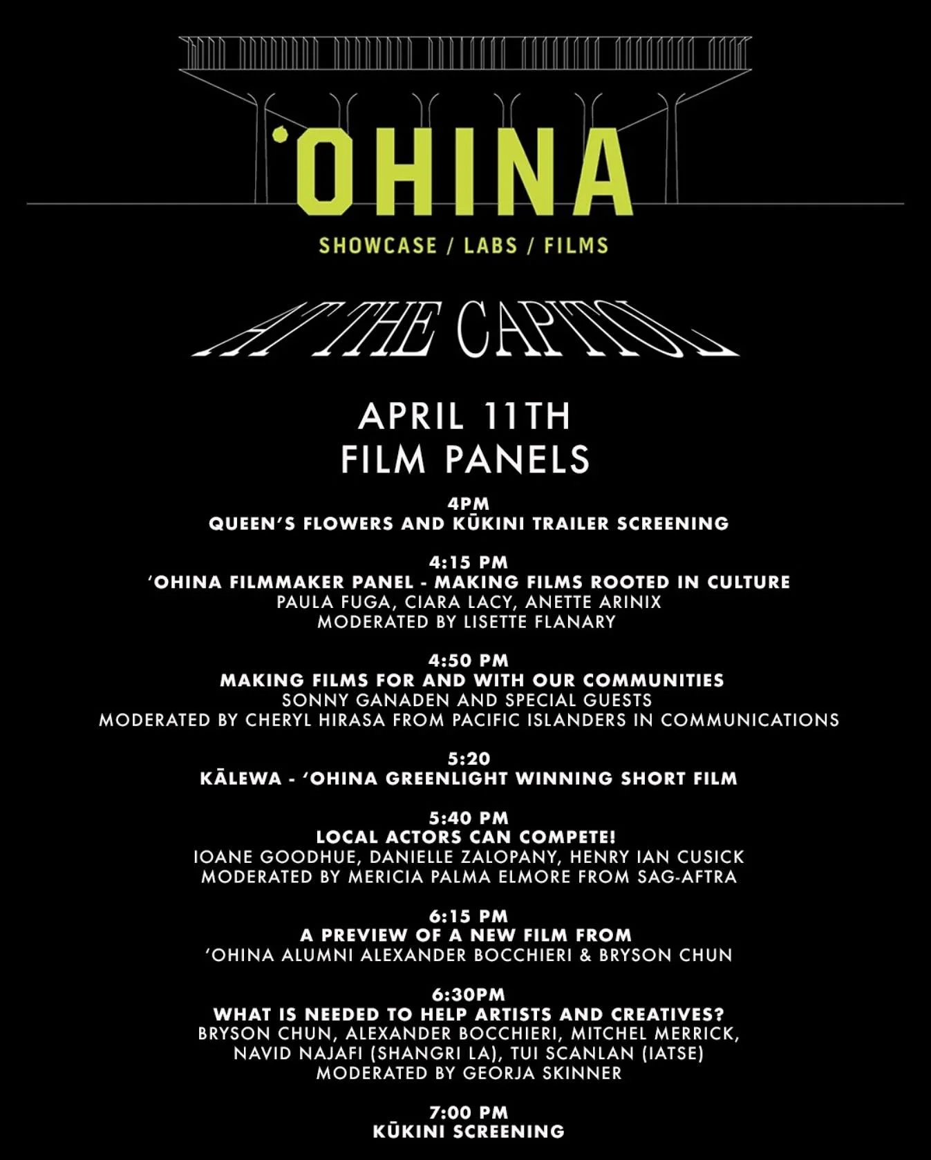 Join us at the Capitol for Art at the Capitol on April 11th.  4pm to 7:30pm. 

Film panels in one chamber and Film screenings in the other. 

4pm
THE QUEEN&rsquo;S FLOWERS AND KŪKINI trailer screening @thequeensflowersfilm 

Film panels
4:15pm
MAKING