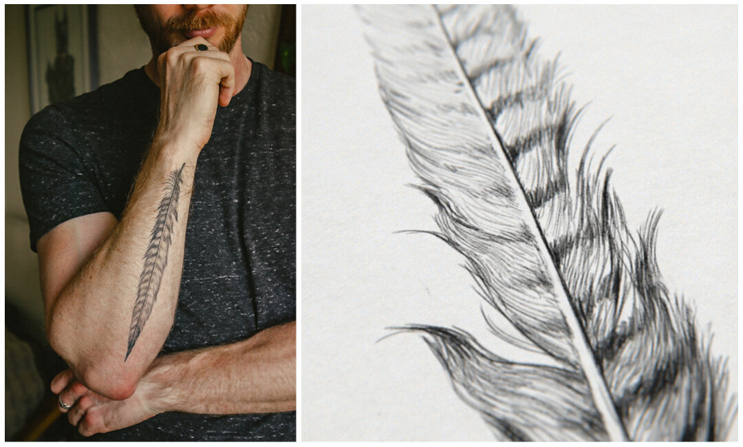 Single needle feather tattoo on the left inner forearm.