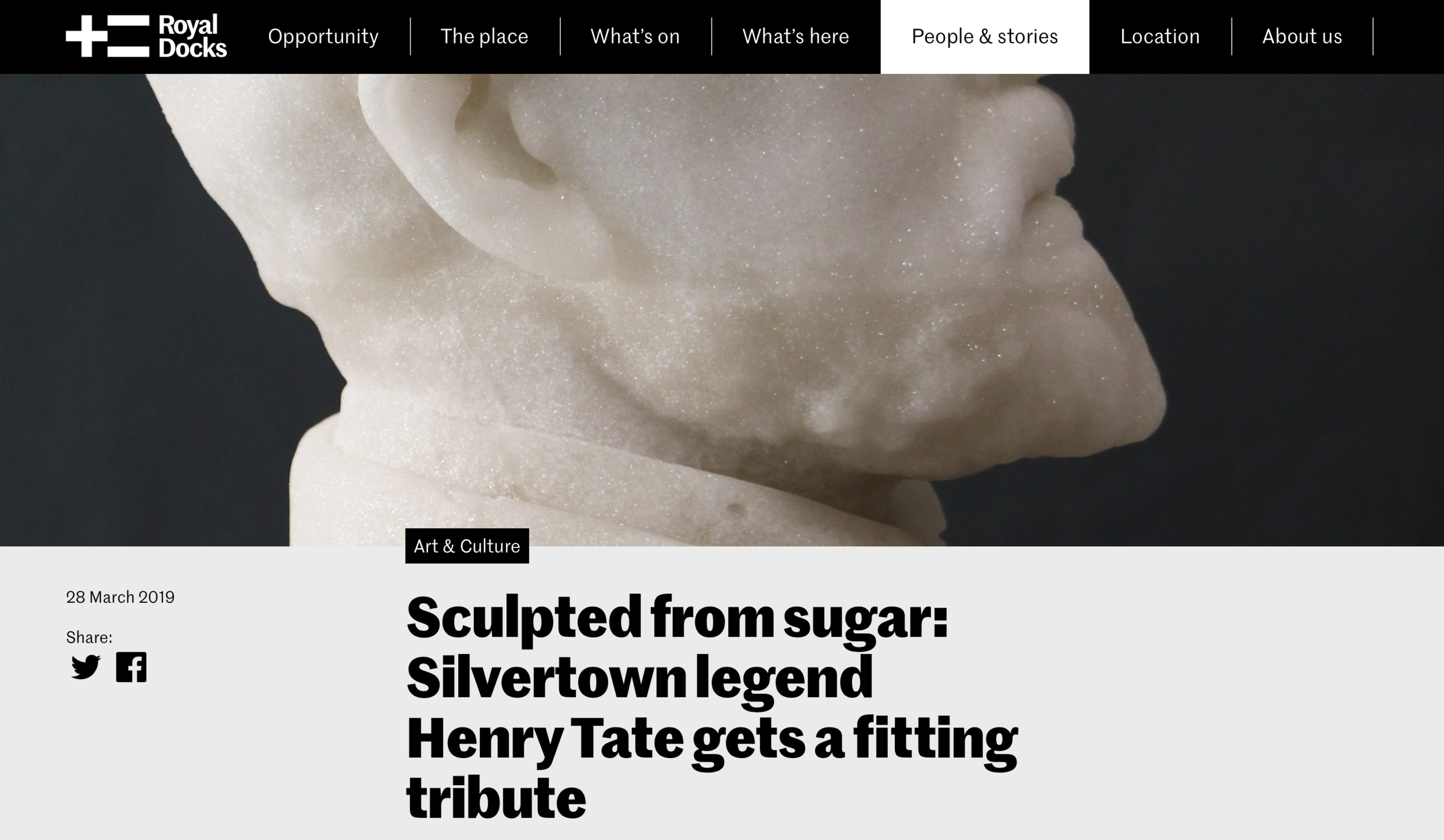 Article in Royal Docks magazine by Elizabeth Bennett: https://www.royaldocks.london/articles/sculpted-from-sugar-silvertown-legend-henry-tate-gets-a-fitting-tribute