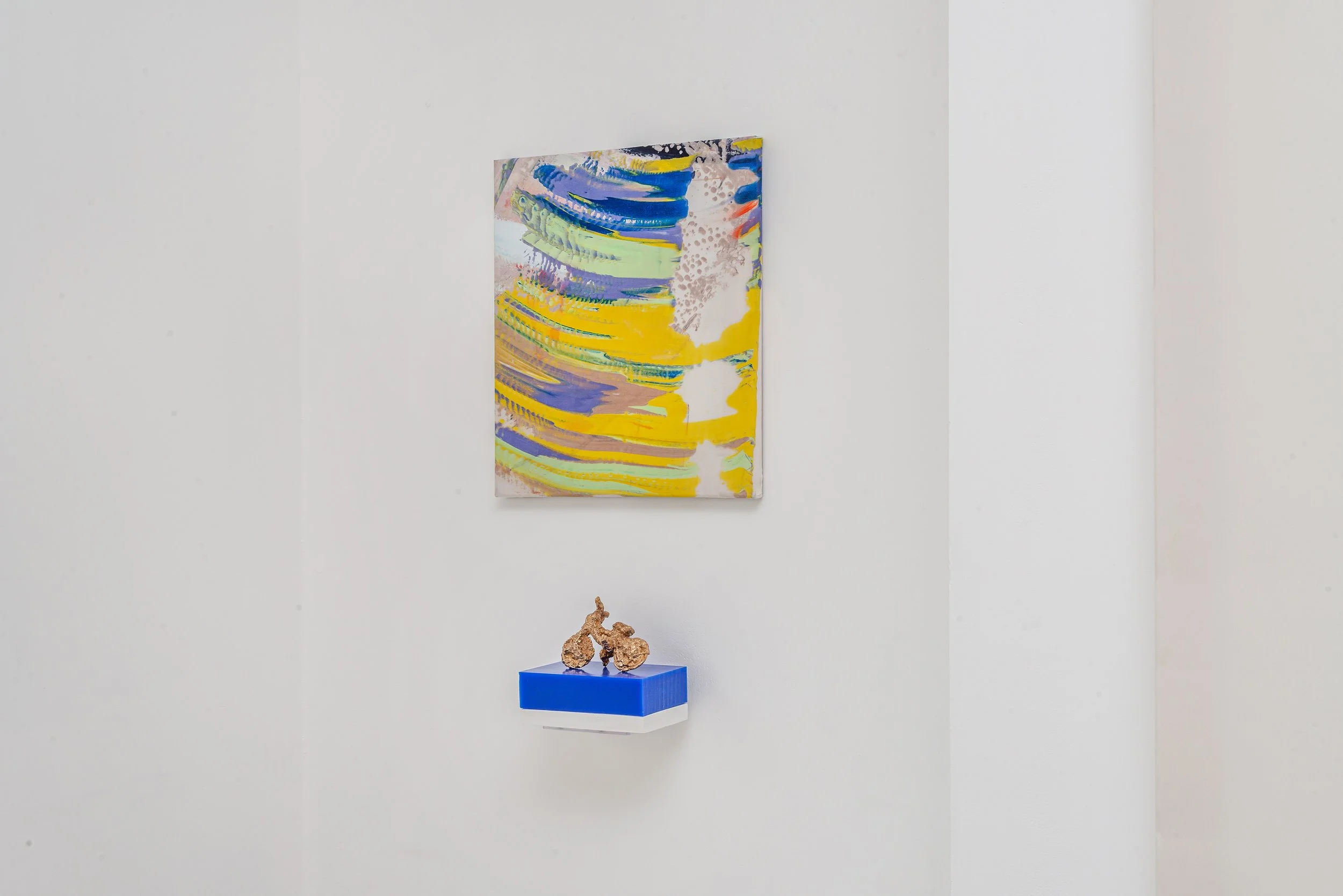  ‘Single Spin’  oil on silk  30 x 35cm  ‘The Emancipated Rider (deep fried bmx)’  Bronze  2024  Photography by Gillies Adamson   