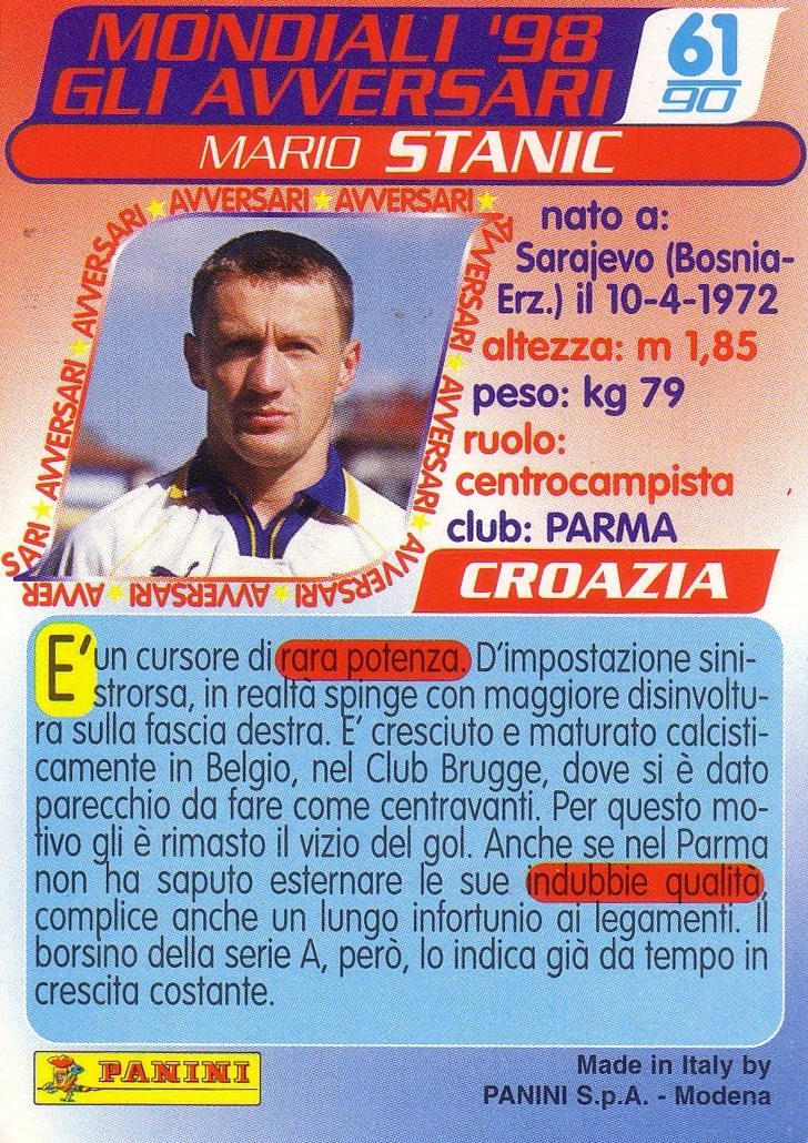  Panini Cards verso France 98 