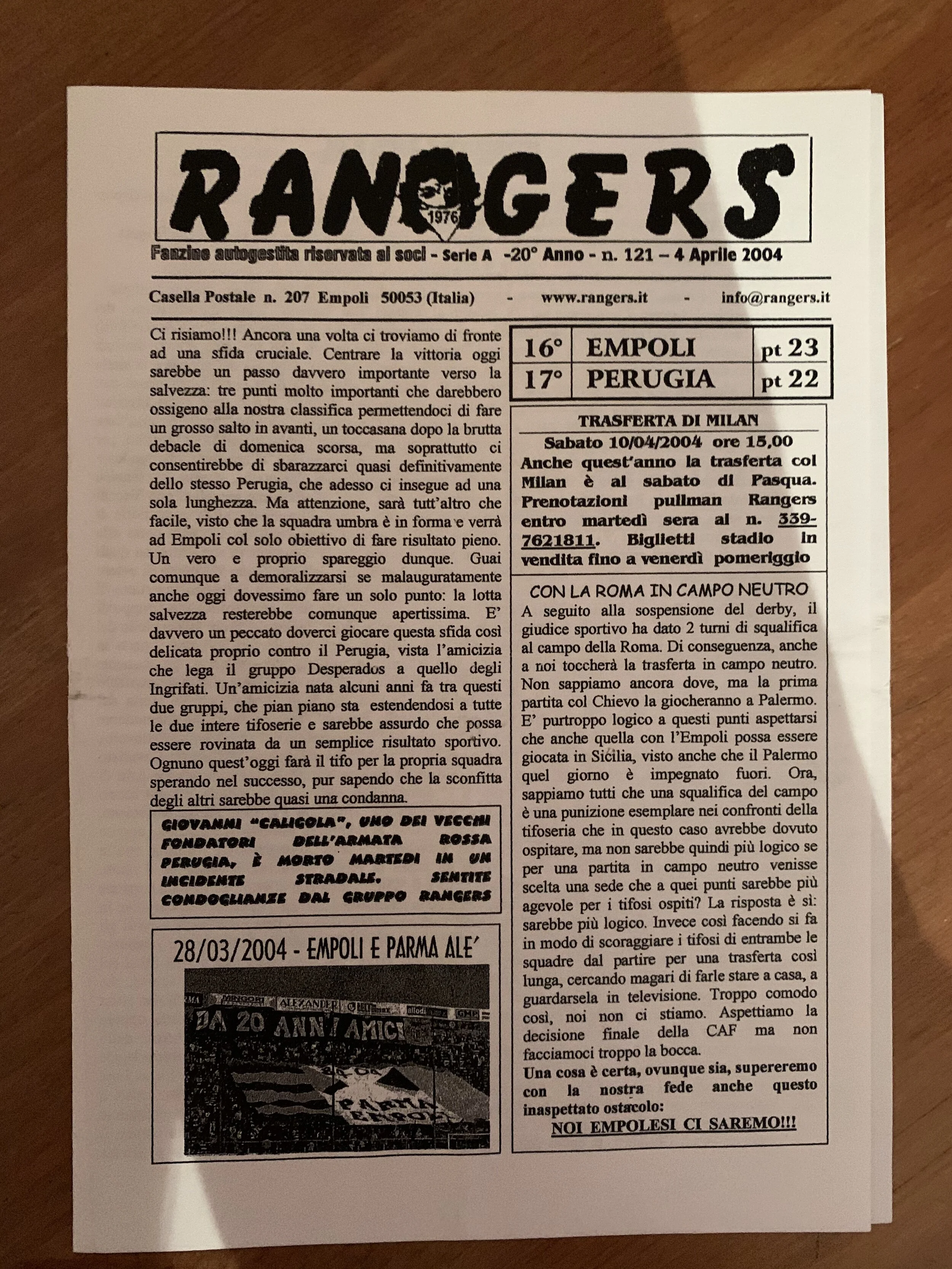 Fanzine dei Rangers Empoli, gemellati del Parma. In basso si può notare una foto del gemellaggio