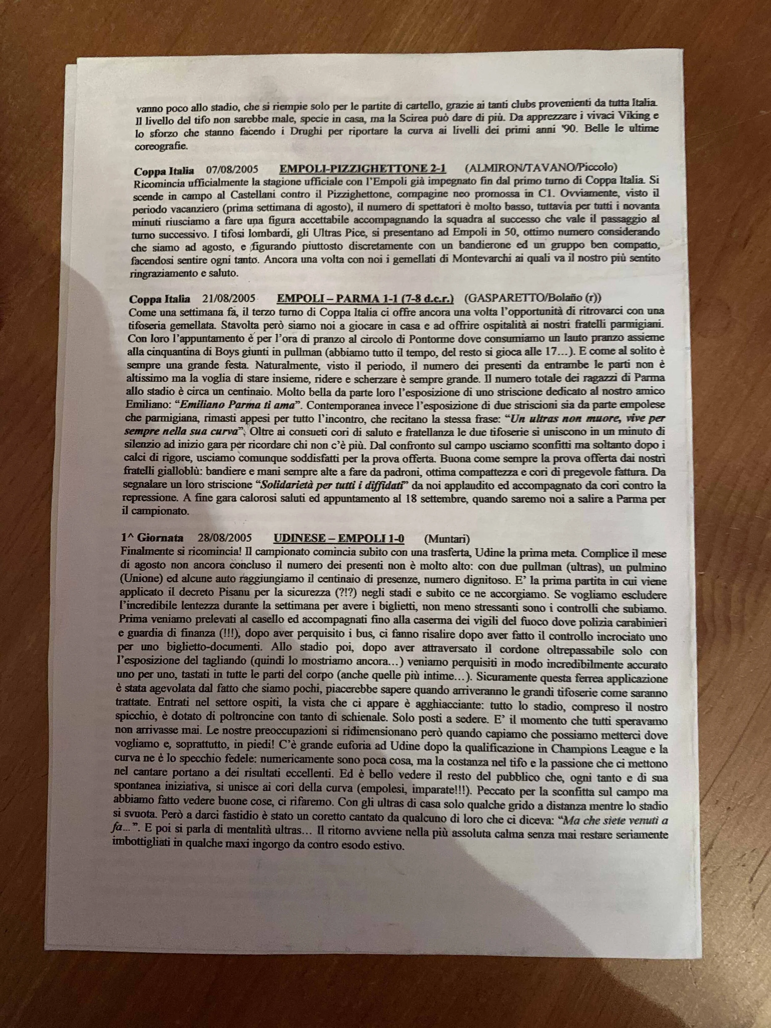 Interno di una fanzine dei Rangers Empoli in cui si parla della sfida tra Empoli e Parma di Coppa Italia