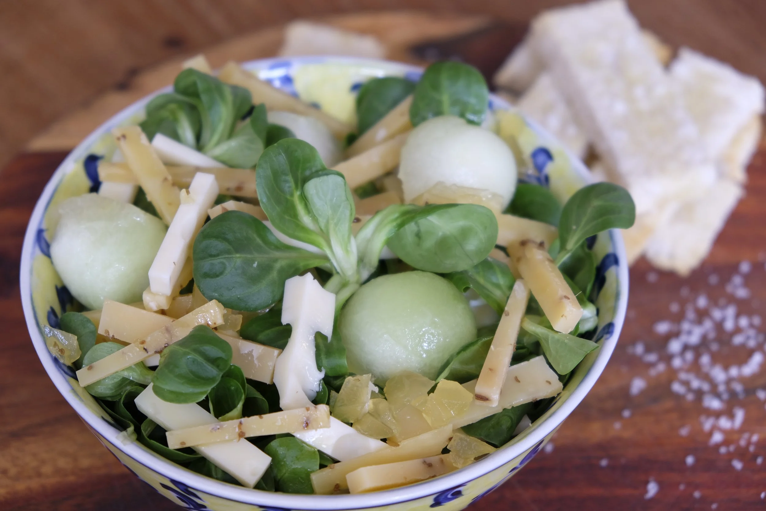 Veldsla met kaas en meloen