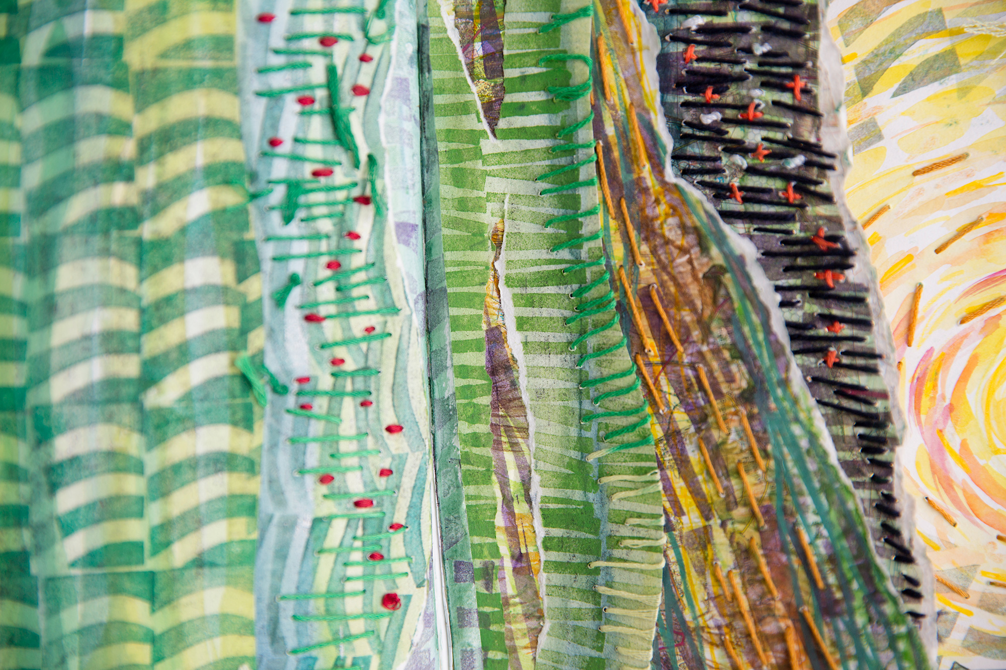 Landscape art artistic mixed media texture painted drawn coloured with hand stitched red thread