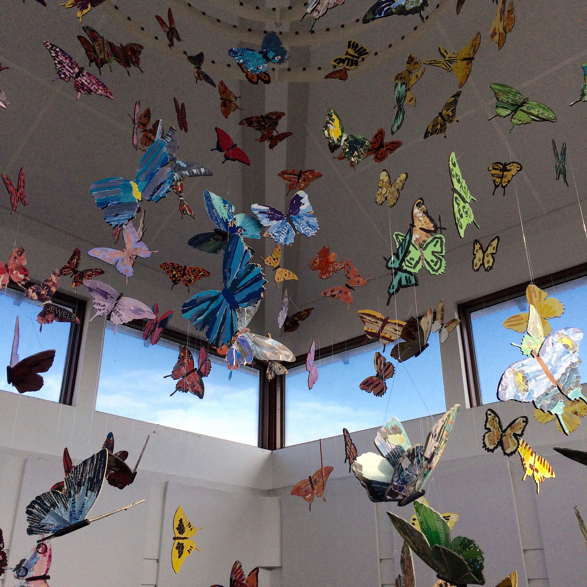 giant butterfly installation hanging from hospital ceiling