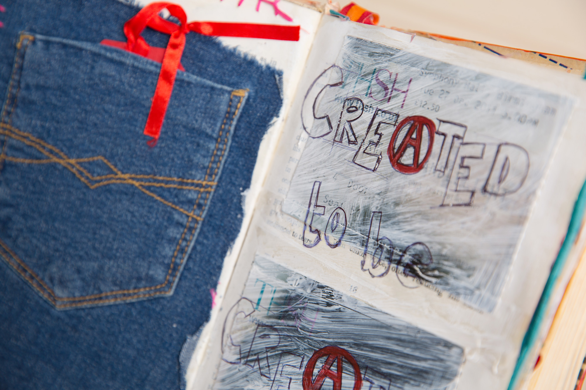 Denim recycling sketchbook mixed media lesson class workshop with word Created to be creative logo text biro darling on white painted journal page journalling