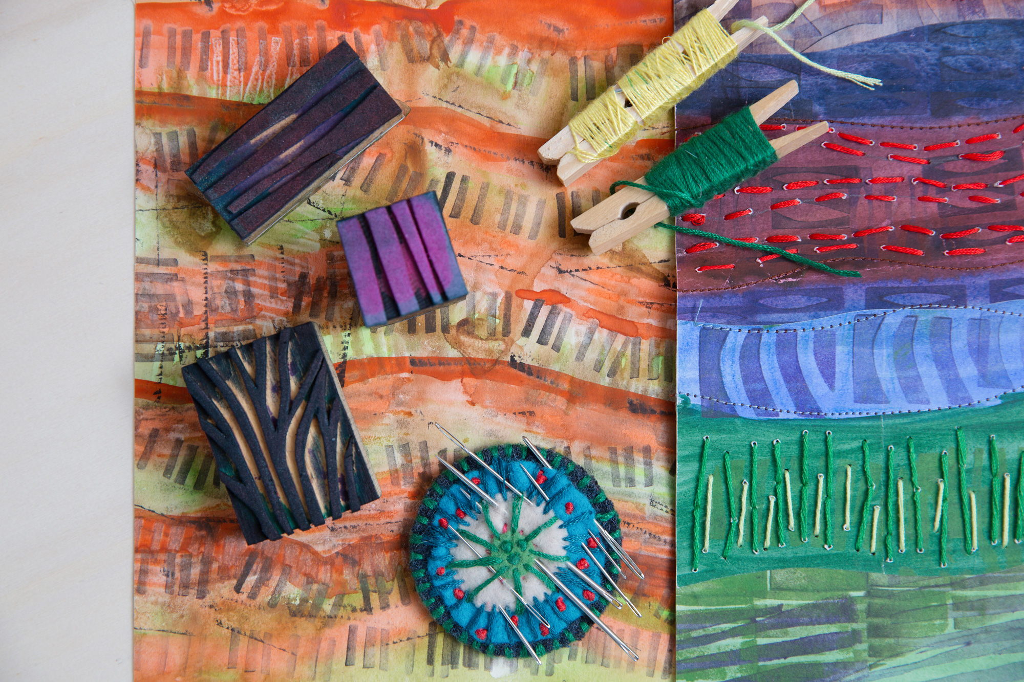 print stitch block printing stitching craft landscape learn play art