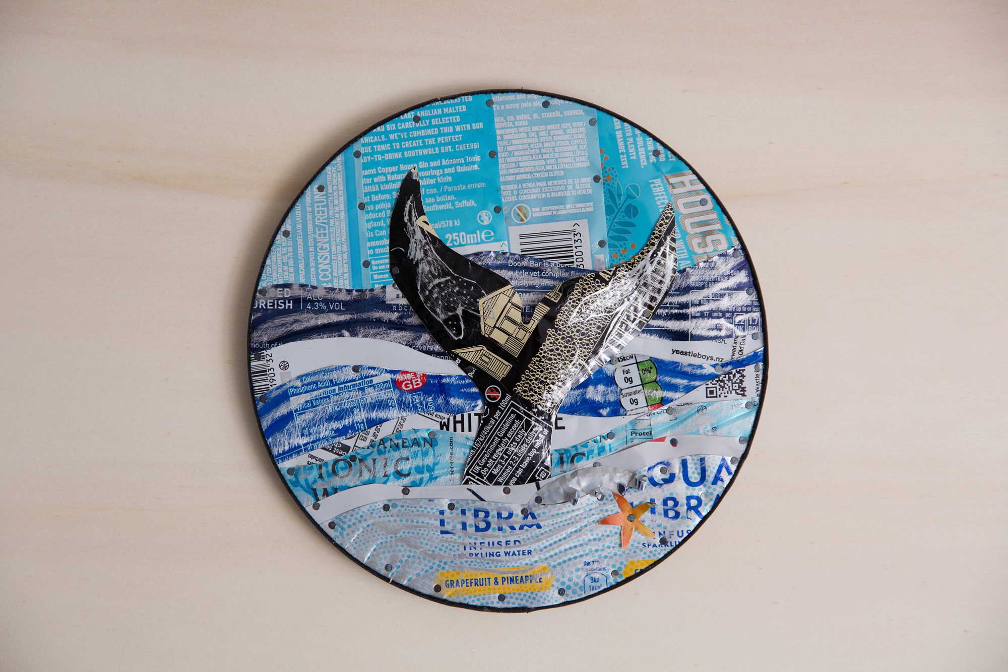 tin soda cans recycling tin blue whale tail tableau