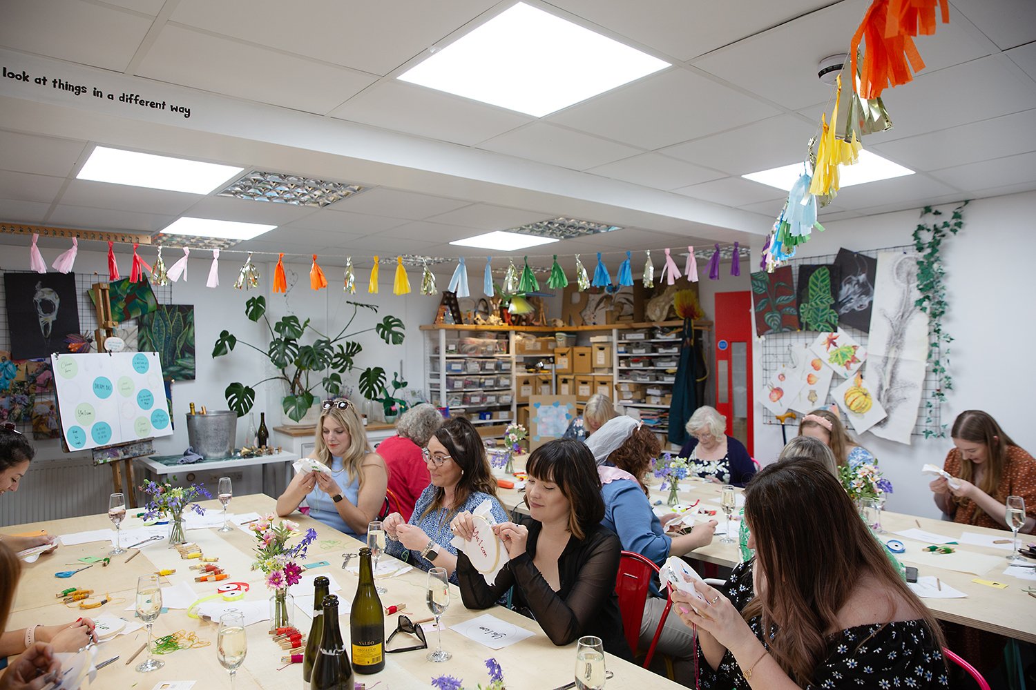 Studio art class view of activity art class workshop in Stafford hen party with friends bunting bride to be happy faces Proteanart