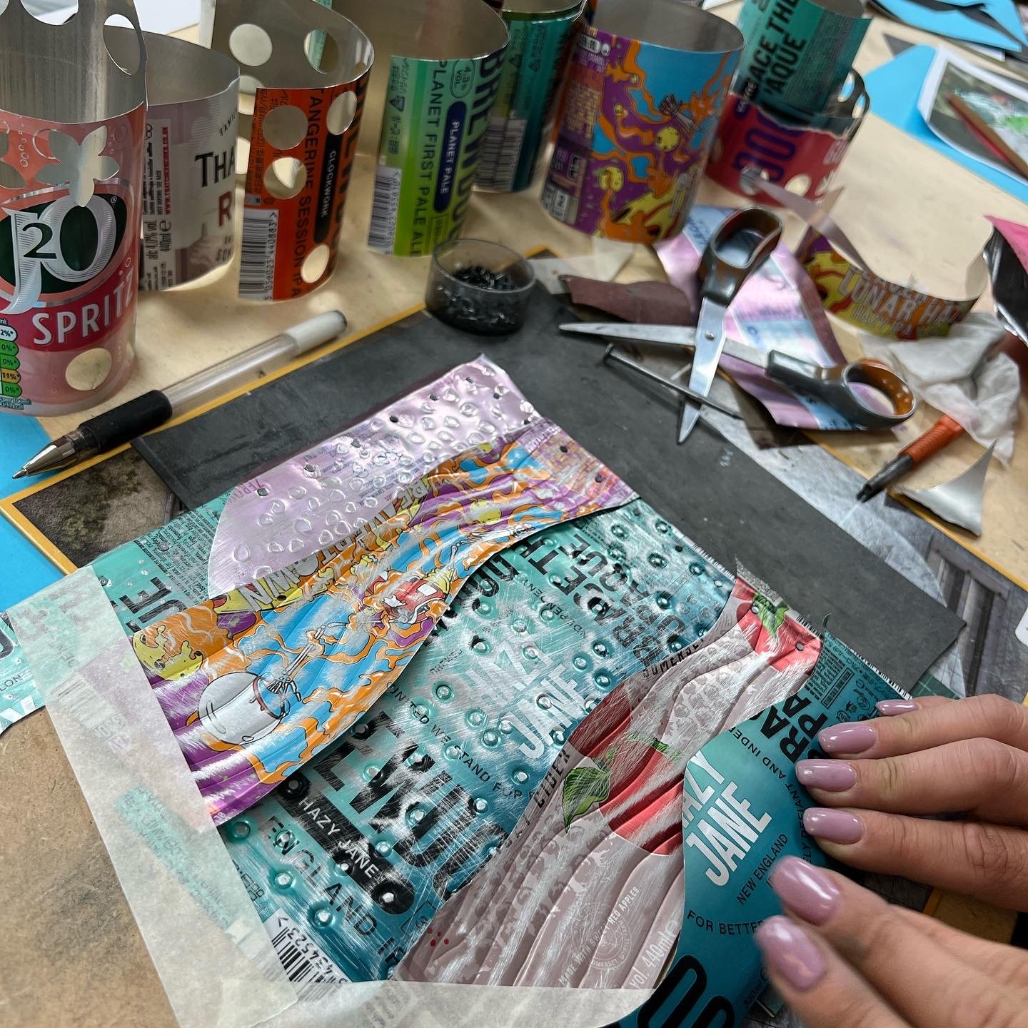 studio workshop view of making a drinks can metal picture in stafford with PorteanArt