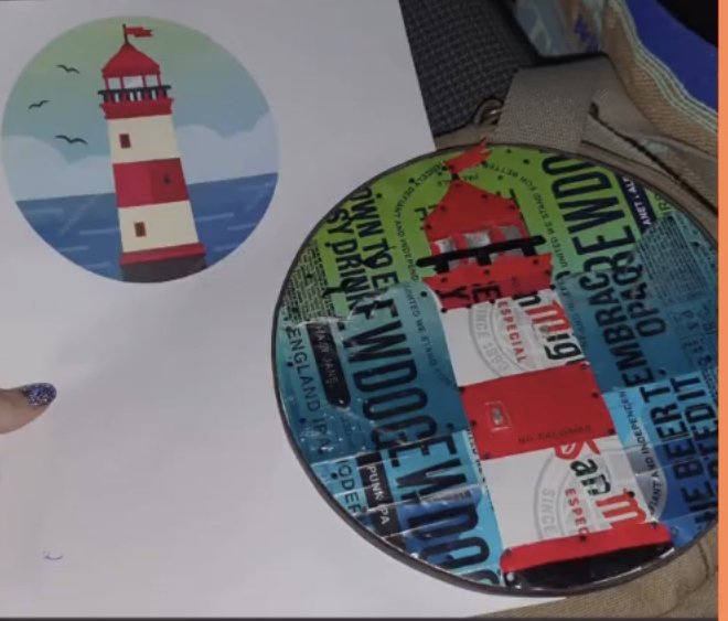 circular artwork with red and white light house made in drinks can metal with inspirational picture above it