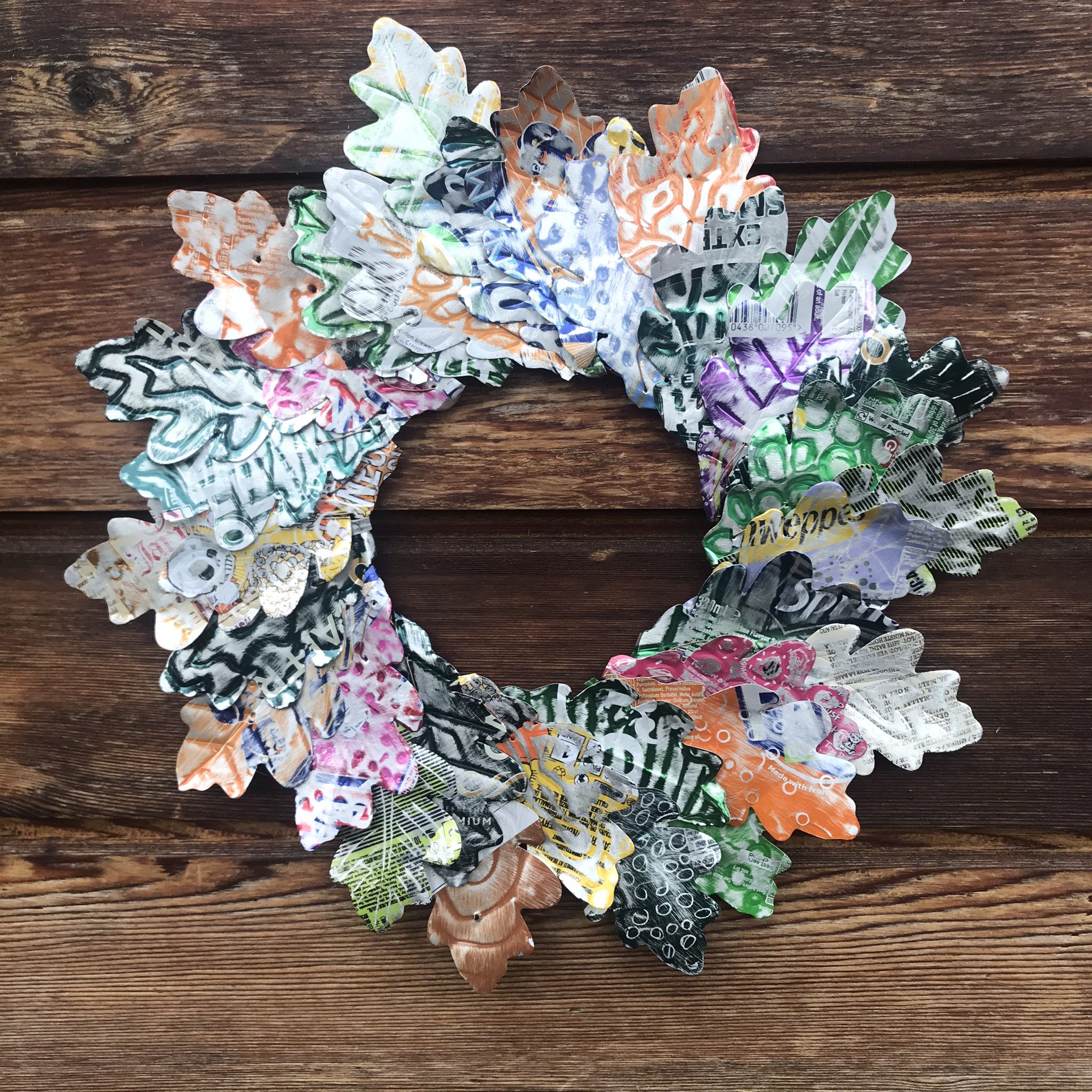 Handmade Oak leaf metal wreath created in a workshop art class in Stafford