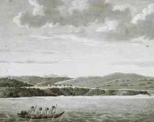 An etching from the 1700's showing coastal California Native Americans, and a Spanish map showing California as an island.