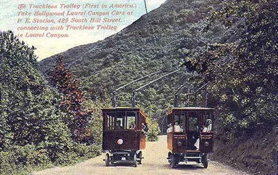 The trackless trolley on Laurel Canyon Boulevard, around 1913.