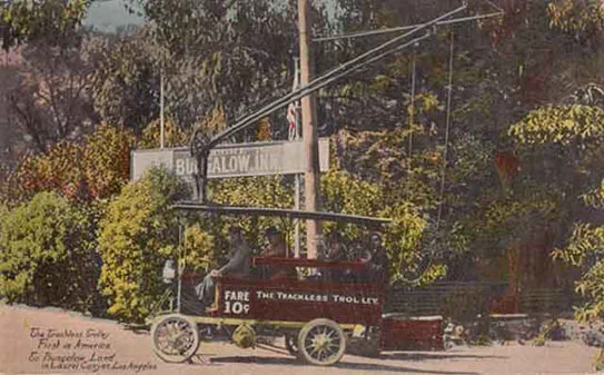 The trackless trolley travelling to Bugalow Land around 1915