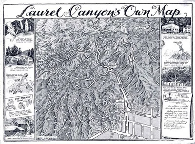 An illustrated map of Laurel Canyon published by the Canyon Crier, the area's first regularly published newspaper. (click to enlarge) The Crier shared space with Mann Realty at Crier Square at Kirkwood and Laurel Canyon Blvd. Mann Realty is not related to Charles Spencer Mann, the developer.