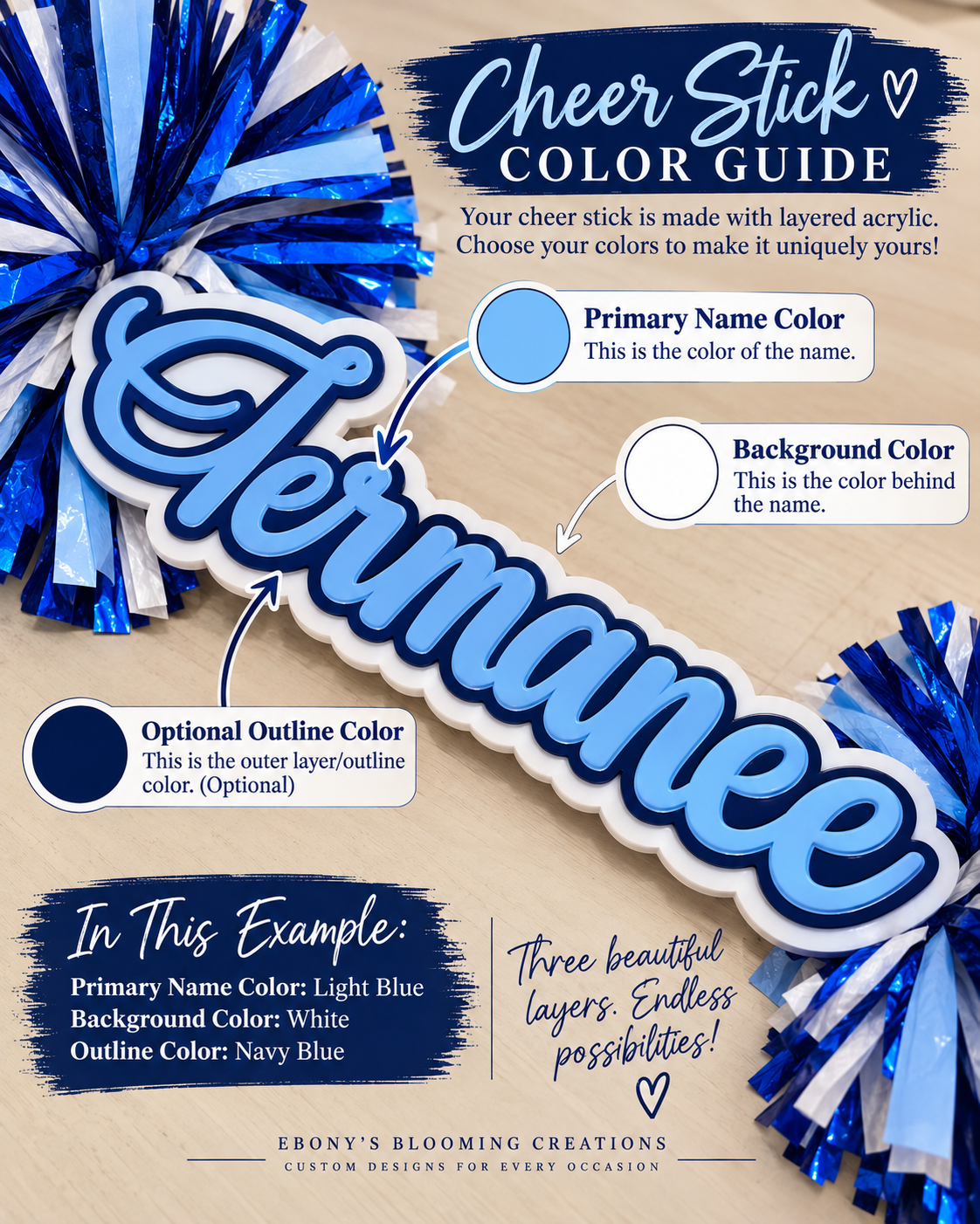 Ebony’s Blooming Creations custom cheer stick color guide featuring layered acrylic lettering in light blue, white, and navy with coordinating pom-poms.