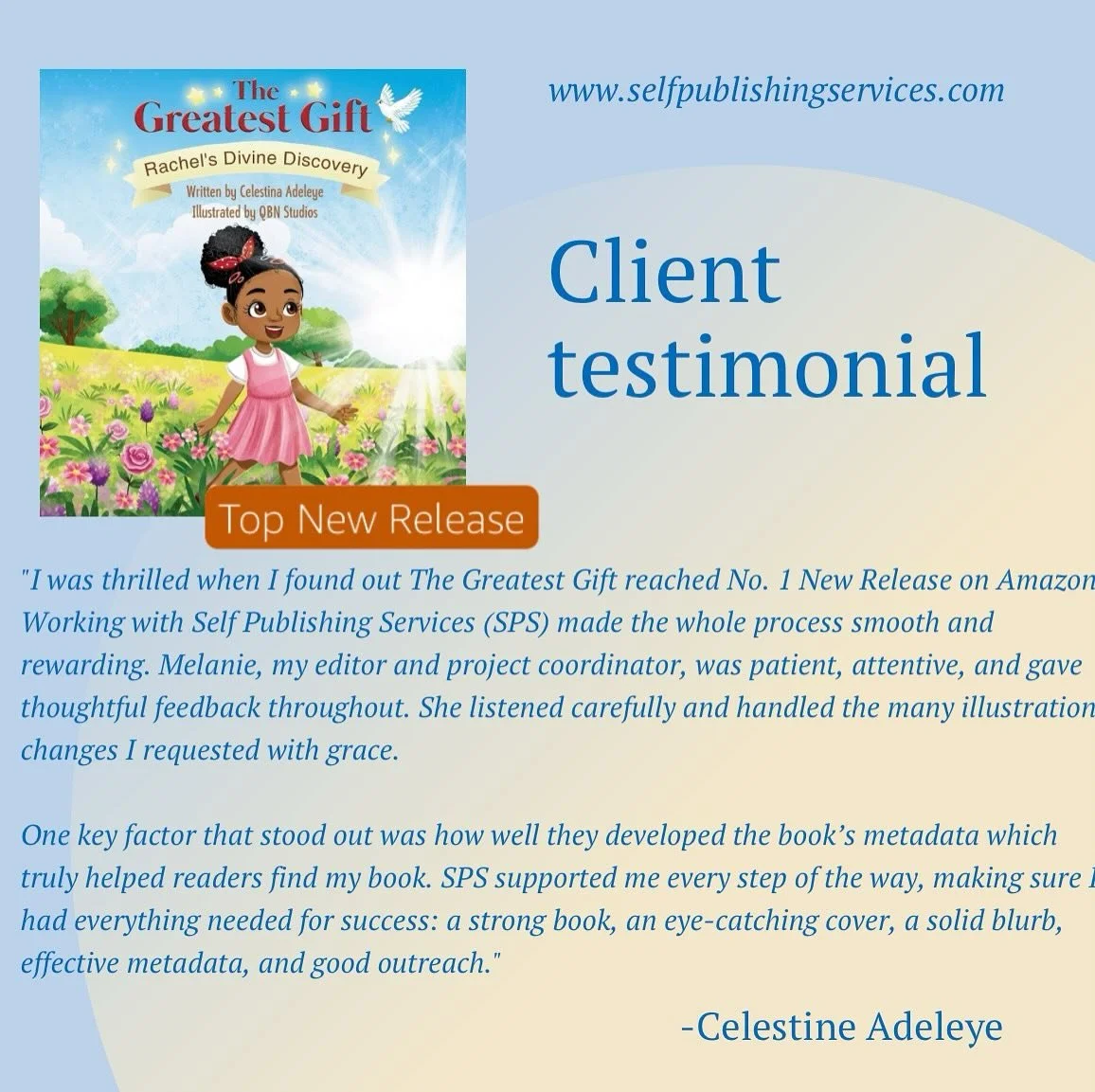 Congratulations to Celestina Adeleye, author of the No. 1 New Release, The Greatest Gift. SPS is happy to have had a part in helping you reach your goals.
.
.
#selfpublishingservices #SPS #bookmarketing #bookpublishing #publishers #editingservices #b