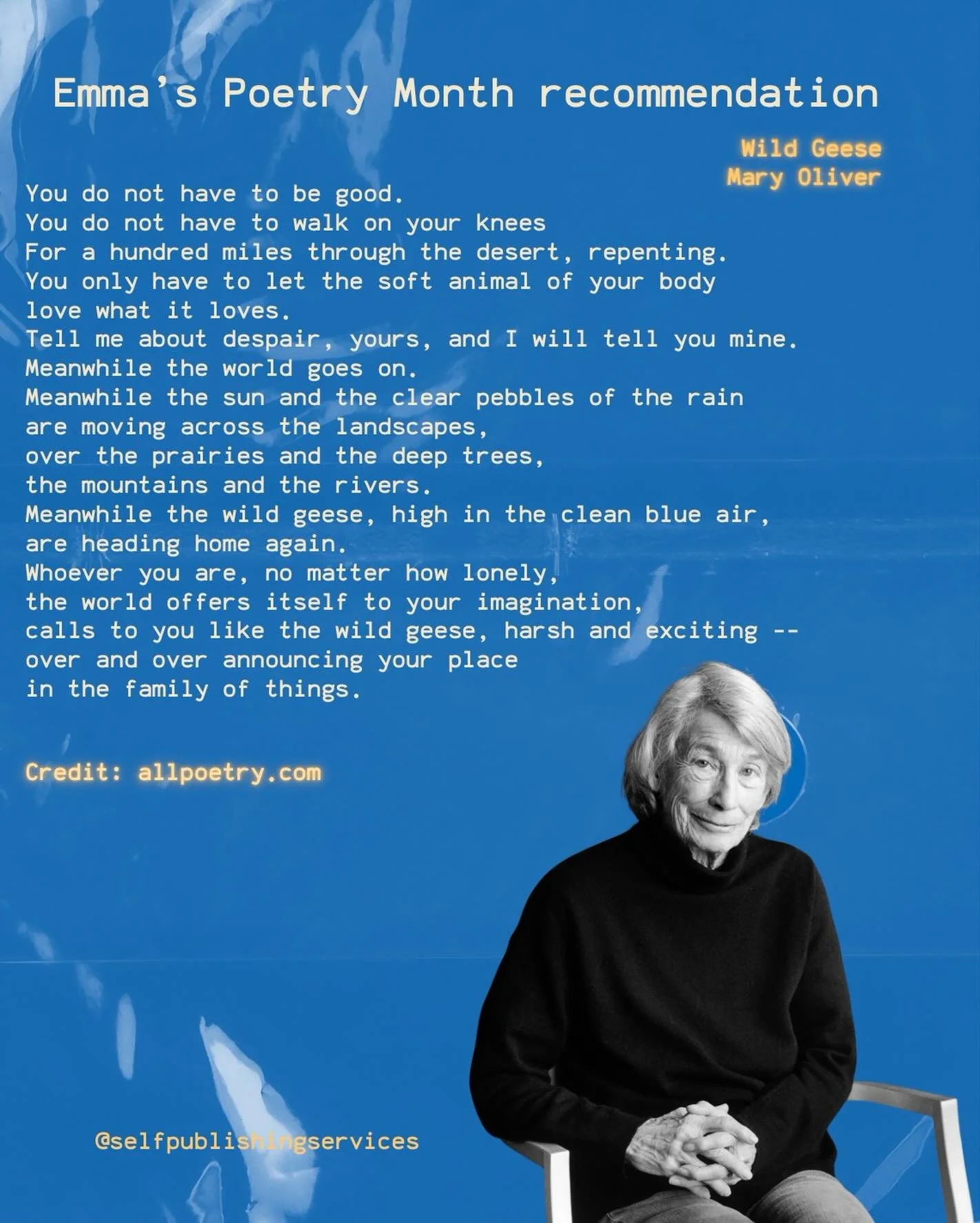In honor of National Poetry Month, we will be sharing some of our favorite poems with you all. First up, Emma&rsquo;s choice: Wild Geese by Mary Oliver.
https://allpoetry.com/poem/15374223-Wild-geese-by-Mary-J-Oliver
.
.
.
#poetry #nationalpoetrymont