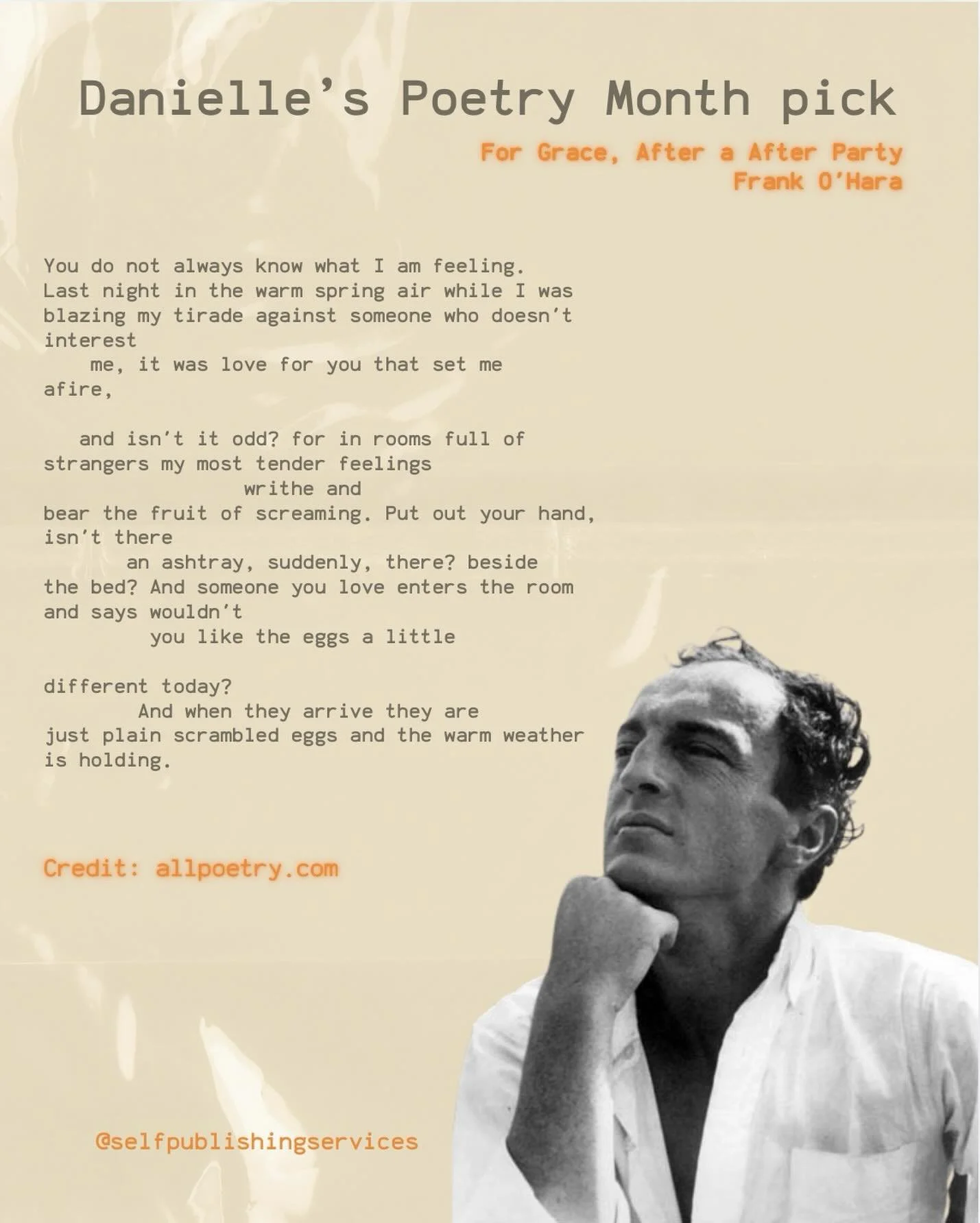 Continuing our personal poetry recommendations, today we have one of Danielle&rsquo;s favorites: &ldquo;For Grace, After A Party&rdquo; by Frank O Hara.
https://allpoetry.com/For-Grace,-After-A-Party
.
.
.
#selfpublishingservices #SPS #FrankOHara #po