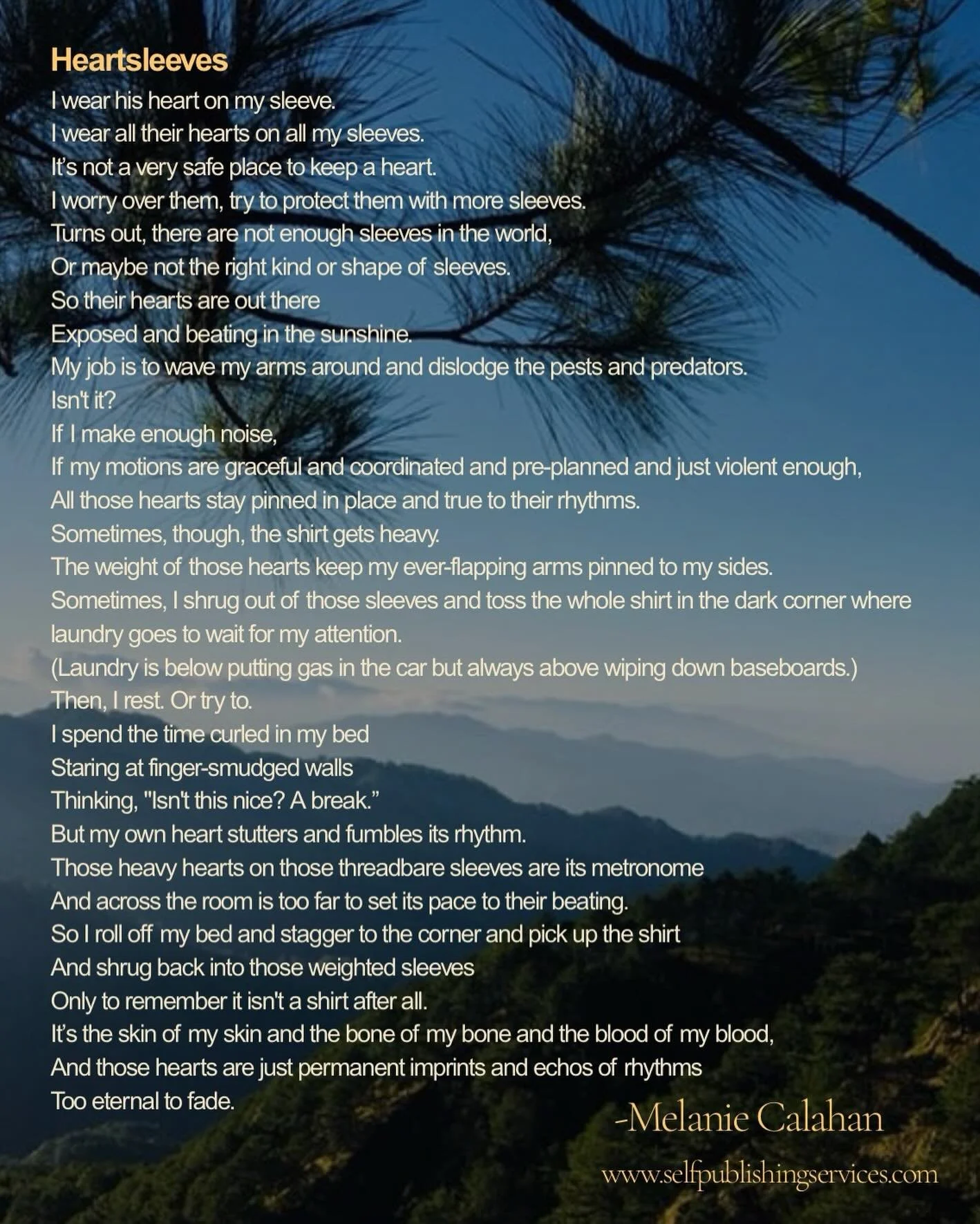 Today we are sharing a beautiful poem about love: &ldquo;Heartsleeves&rdquo; by Melanie Calahan. Mel may not consider herself a poet, but this piece makes us beg to differ. Her message to you all is if she can write a poem, anyone can. 
.
.
.
#selfpu