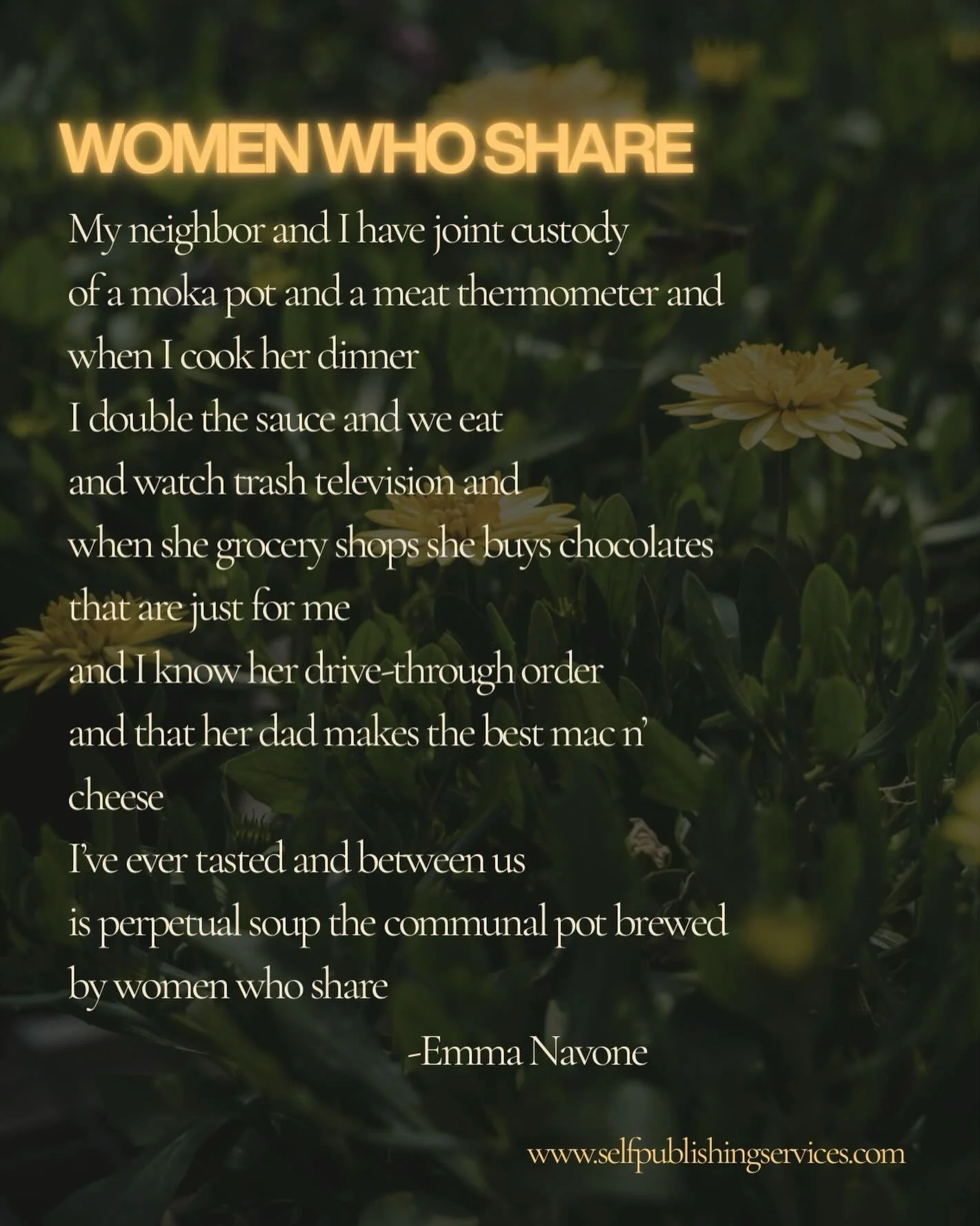 Happy Wednesday, everyone. Today we have a lovely poem about friendship and connection, &ldquo;Women Who Share&rdquo; by Emma Navone.
.
.
.
#selfpublishingservices #SPS #EmmaNavone #poetry #nationalpoetrymonth