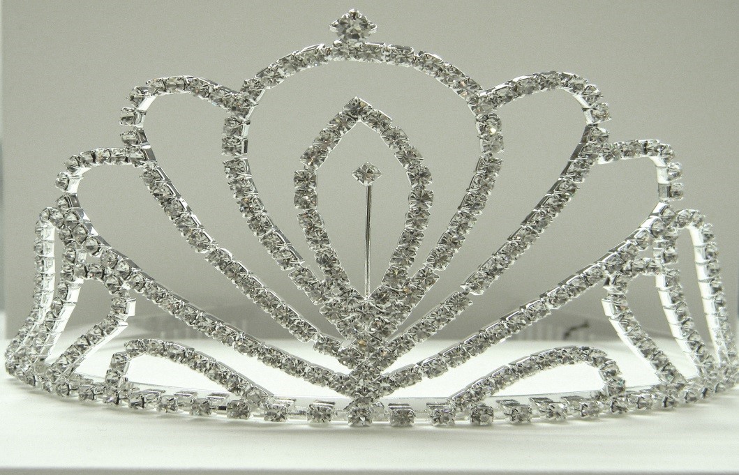 Large Tiara: 3.3” High, Clear Crystals on Silver Band - $18
