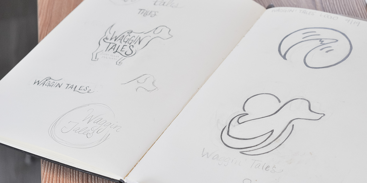 Logo sketching process. I wanted something clean, but not too corporate or serious. More hopeful, friendly, and helpful, something that shows the user that Waggin Tales is here to help.