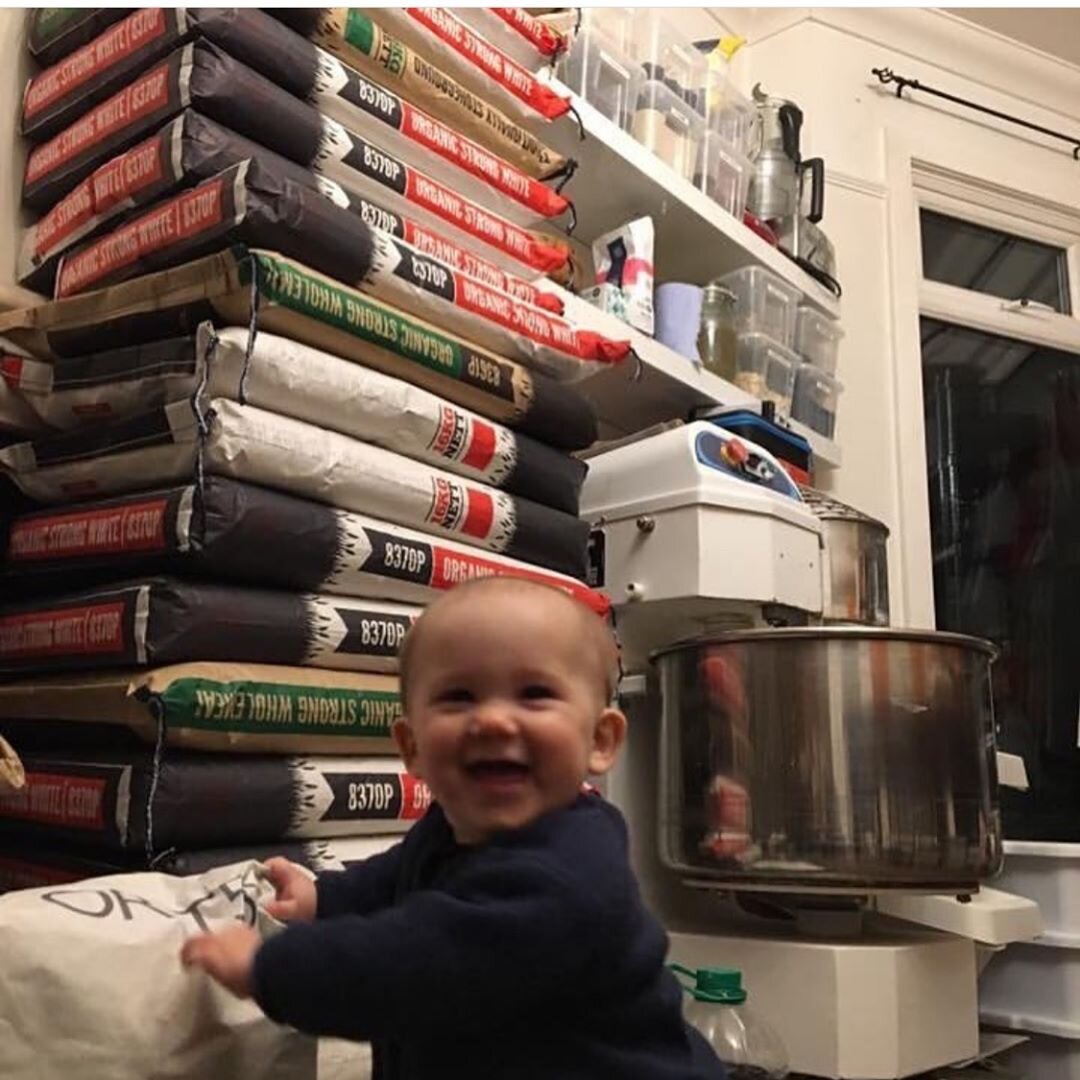  Baby Orla in front of a week’s worth of flour when Adam was baking from their home bakery in Greenwich - Jan 2018. 