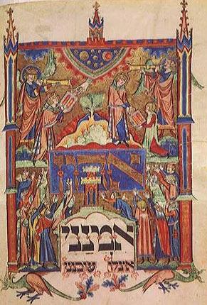 A medieval manuscript illumination depicting Moses’s reception of the Ten Commandments, from a thirteenth-century Jewish prayer book made in Germany.