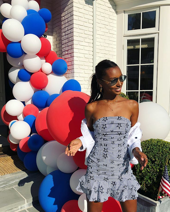No, this is not a pic of me. This is the famous supermodel Jasmine Tookes in a dress with the identical pattern of my top!! My friend sent this to me on IG and I squealed lol. I had to share. Photo credit: @jastookes Instagram page