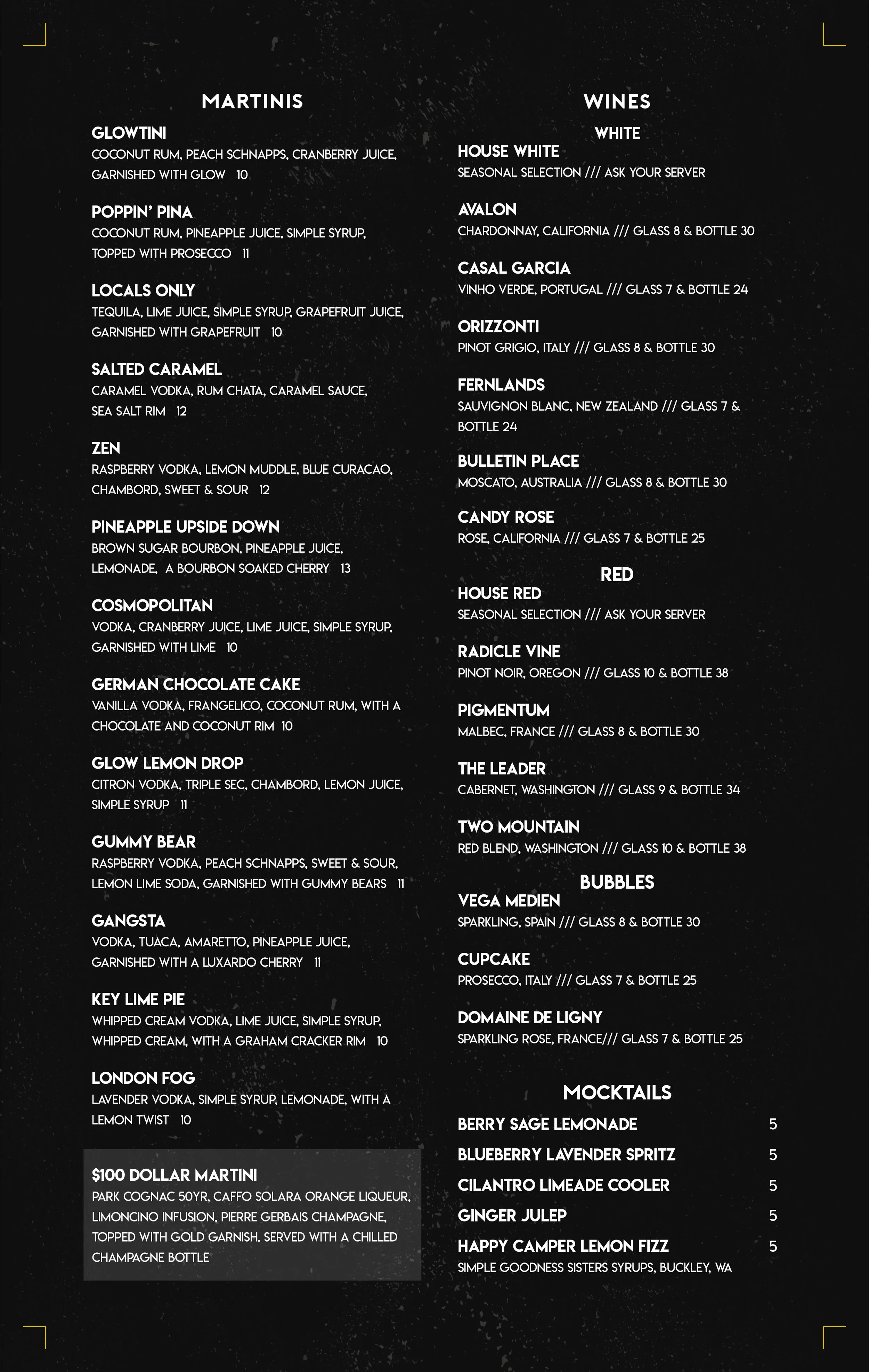 MENU — GLOW MARTINI LOUNGE