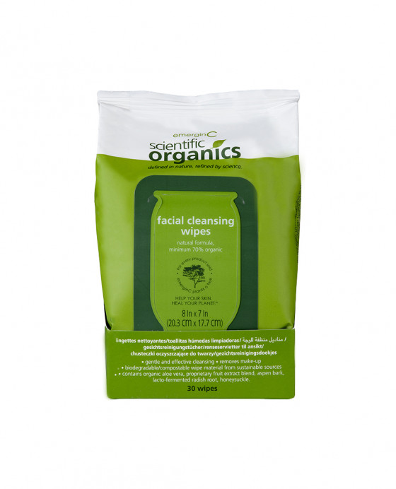 Facial Cleansing Wipes Gentle, organic cleansing wipes ideal for cleansing and removing make-up. Formulated with organic aloe vera, witch hazel extract, a proprietary fruit extract blend, lacto-fermented radish root, and honeysuckle, these wipes are made from a sustainable, biodegradable, compostable, non-woven wood fiber and are conveniently packaged for use while traveling, at home, or on the go. Skin type: All skin types. Skin care concerns: Excess dirt, oil, and make-up. Result: Helps to remove dirt, debris, and make-up to leave skin clean and refreshed.