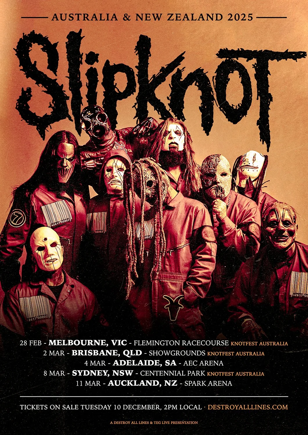 SLIPKNOT ANNOUNCE 2025 HEADLINE SHOWS. SET TO PERFORM EXCLUSIVELY IN ADELAIDE AND AUCKLAND NEXT MARCH.