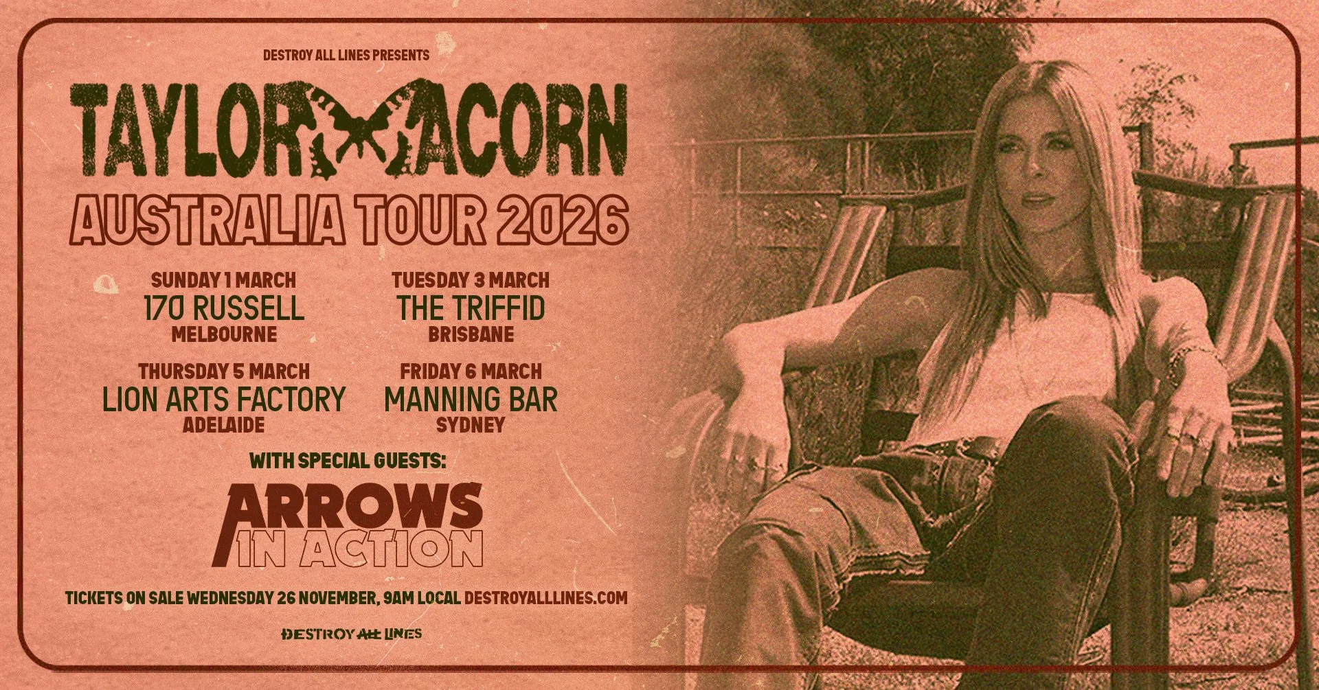 Taylor Acorn 2026 Australian Headline Tour With Special Guests Arrows in Action