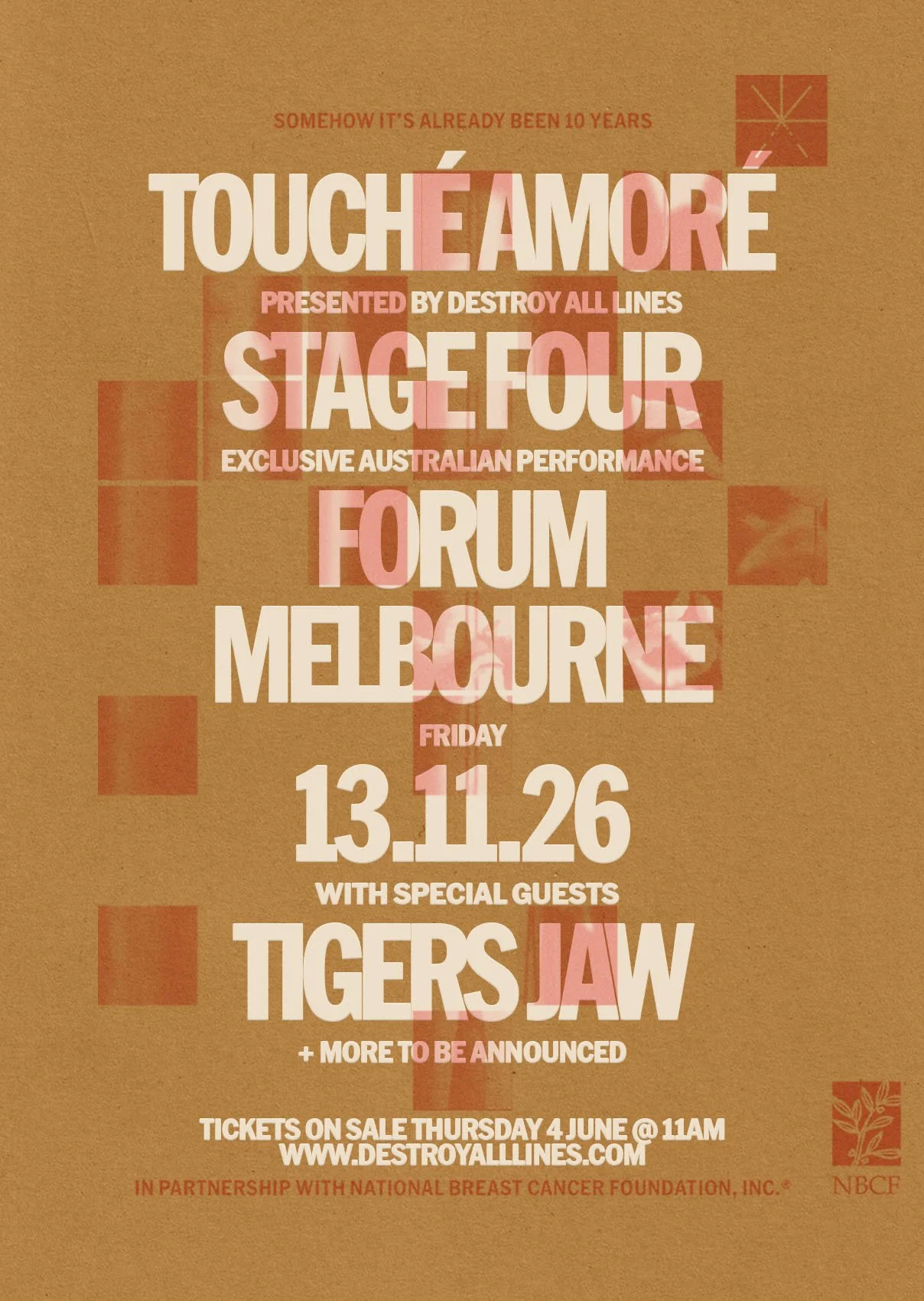 Touché Amoré (US) will return to Australia for one exclusive 'Stage Four' show with Tigers Jaw (US) this November