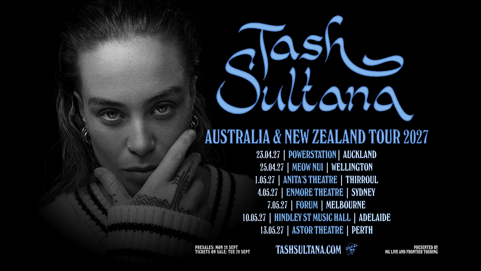 TASH SULTANA : globally renowned Australian singer-songwriter announces up close &amp; personal 7-date Australia &amp; New Zealand tour for April &amp; May 2027