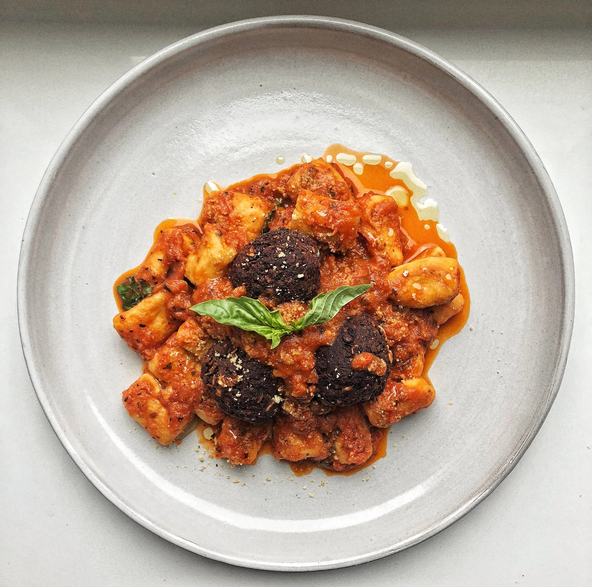 Chickpea Flour Gnocchi & Black Lentil Meatballs